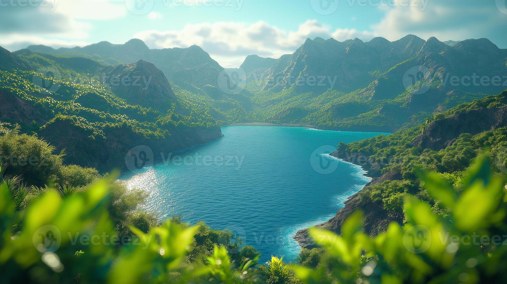 A beautiful lake surrounded by mountains and green vegetation photo