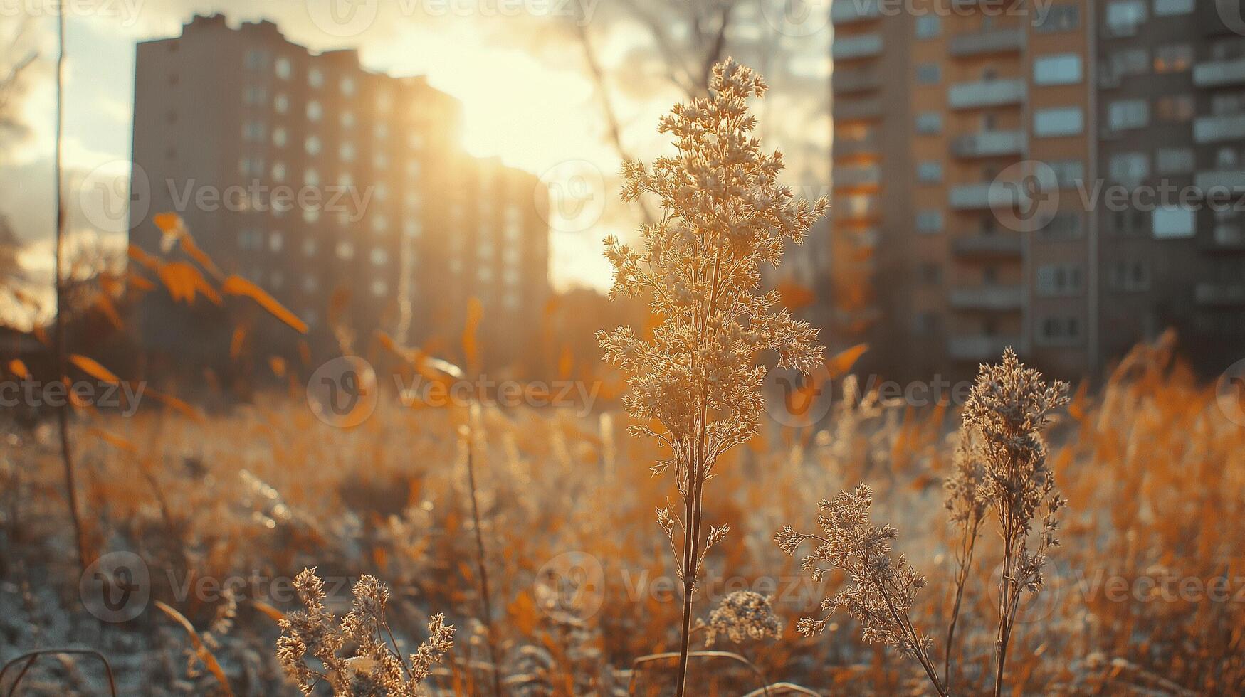 A field of grass with tall buildings in the background photo