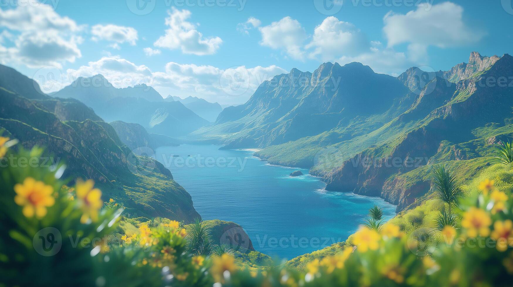 A beautiful view of the ocean and mountains photo