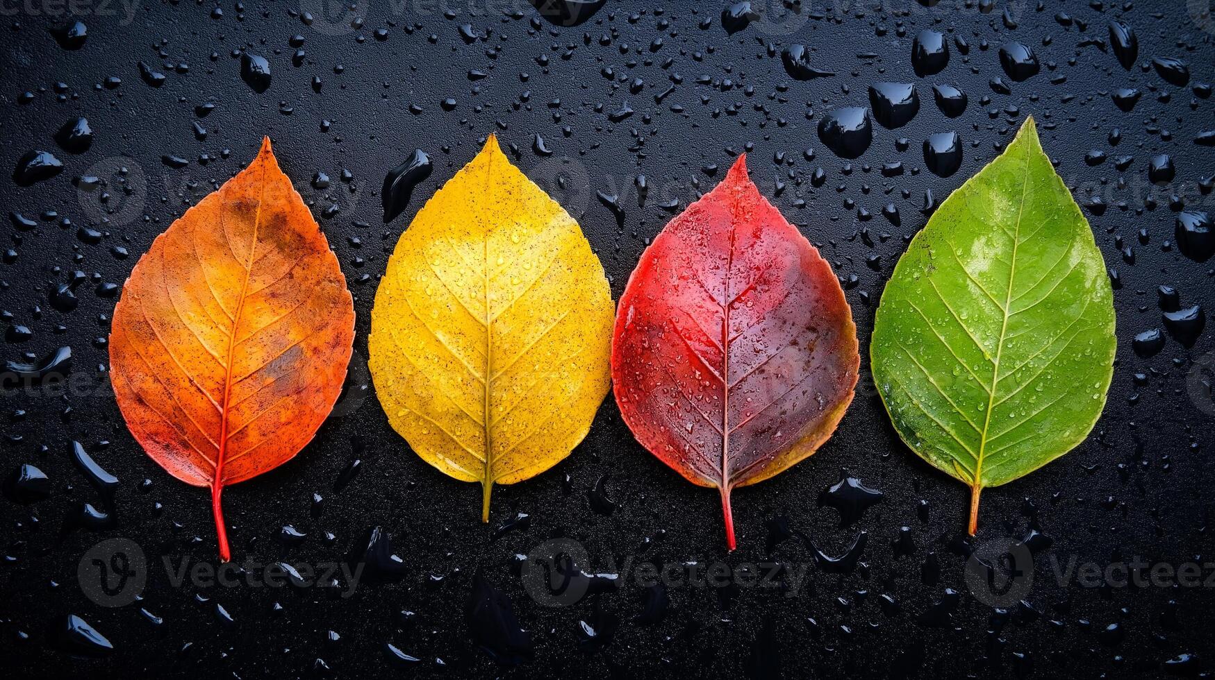 Four leaves of different colors on a black background photo