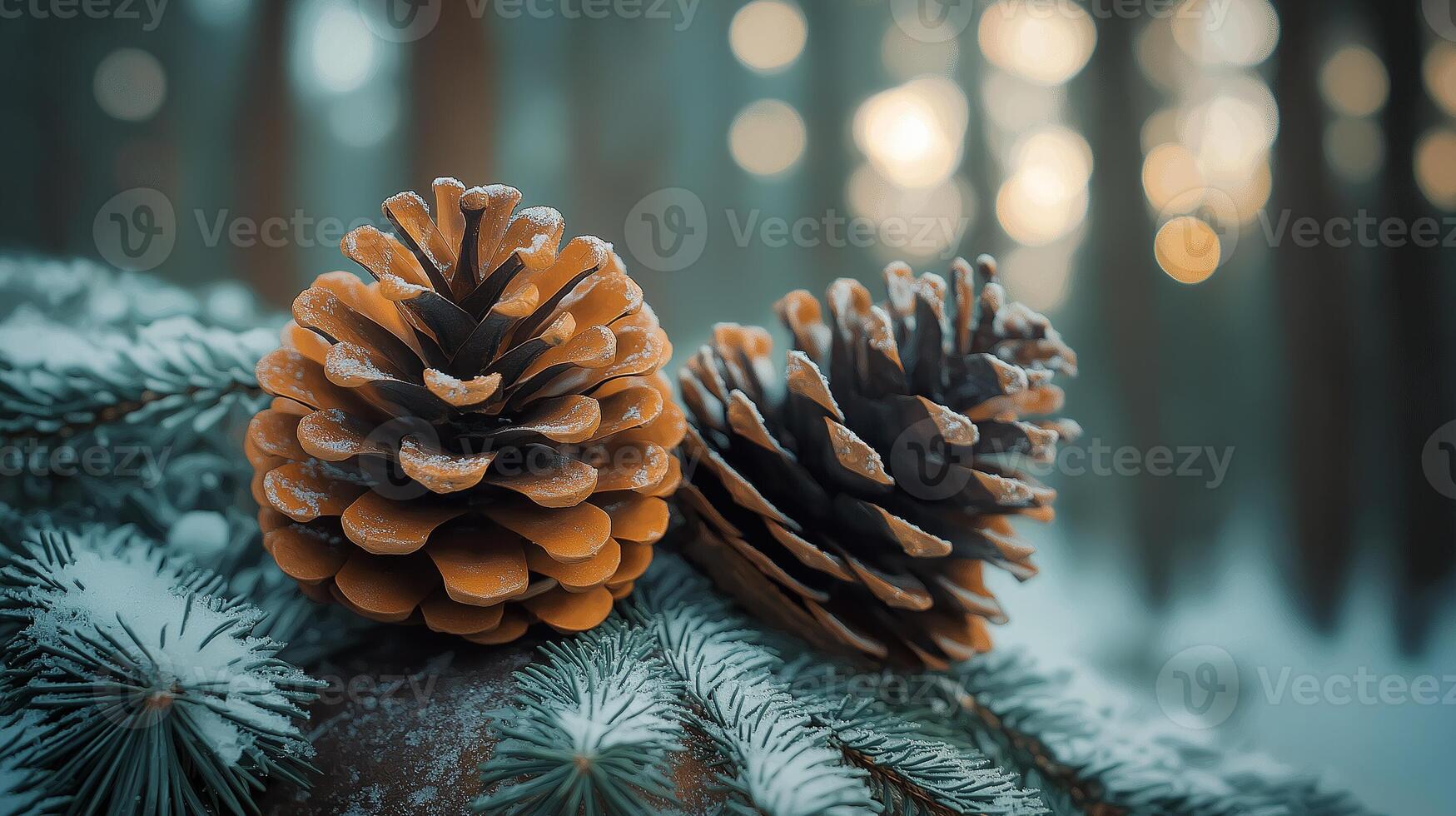 Two pine cones are sitting on a branch in the snow photo