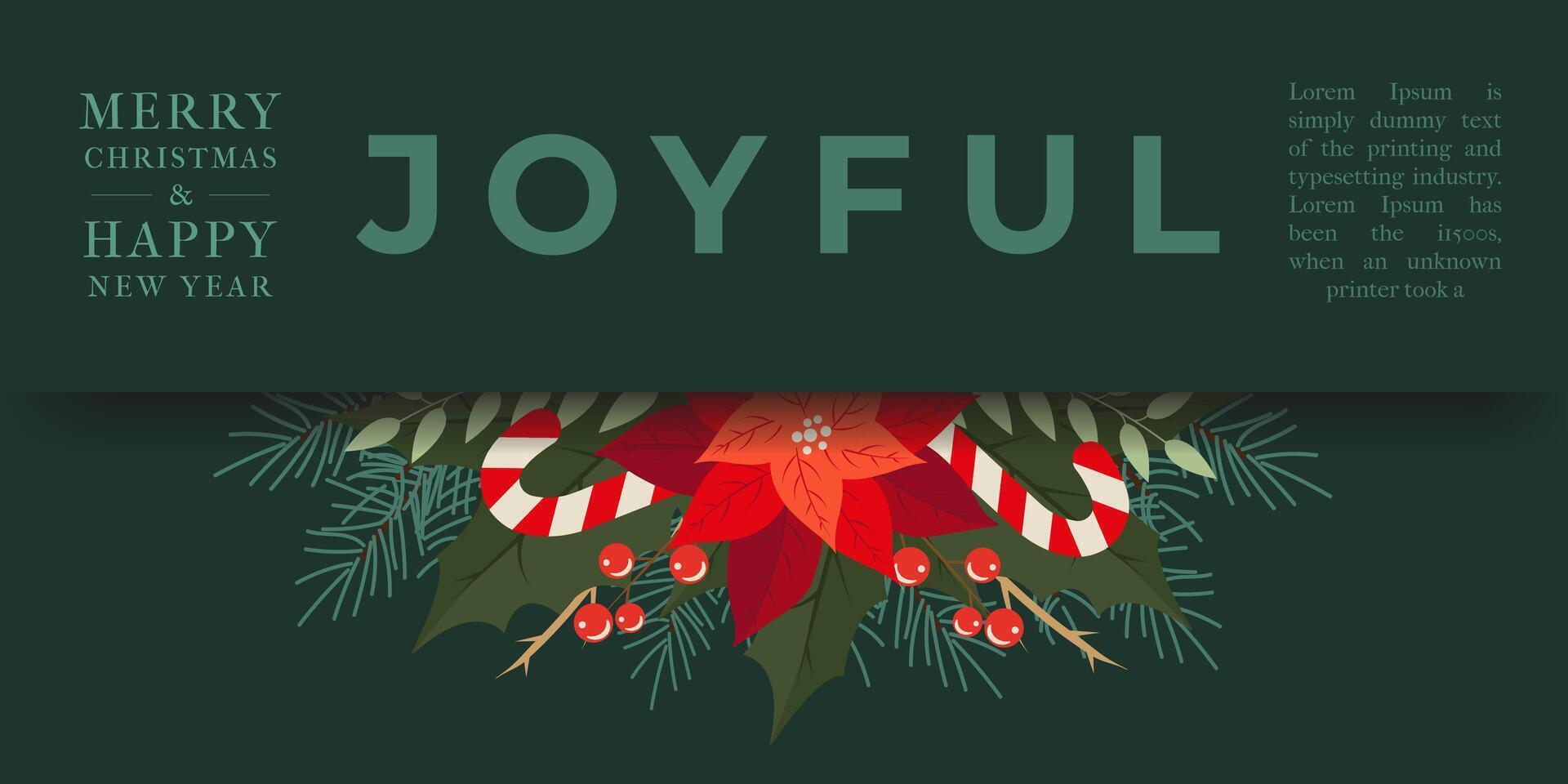 Modern Xmas and New Year trendy Banner with Fir Branch, Red Berries and Christmas Candy. Cute, Bright, Trendy Christmas Holiday Frame in Flat Style for Social Media, Website, Sales. vector