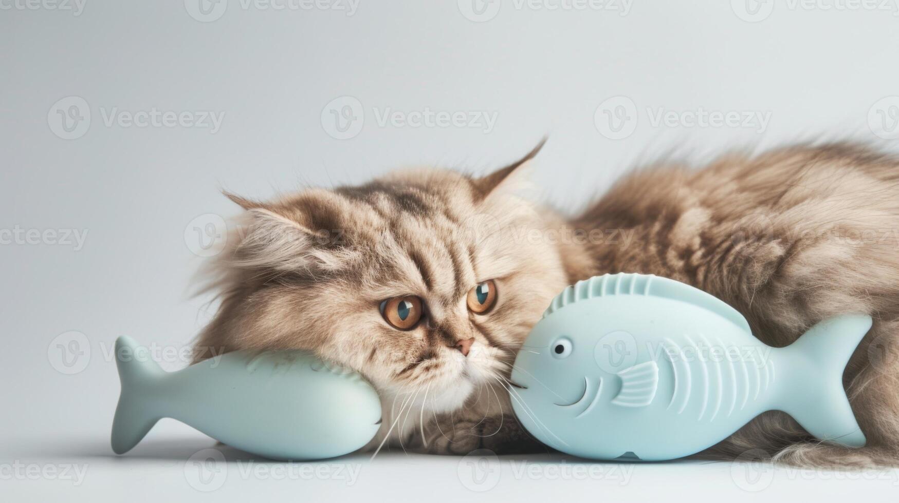 A fluffy cat rests on a soft surface, gazing curiously at a mint-colored toy shaped like a fish. The serene atmosphere adds to the cuteness of the moment photo