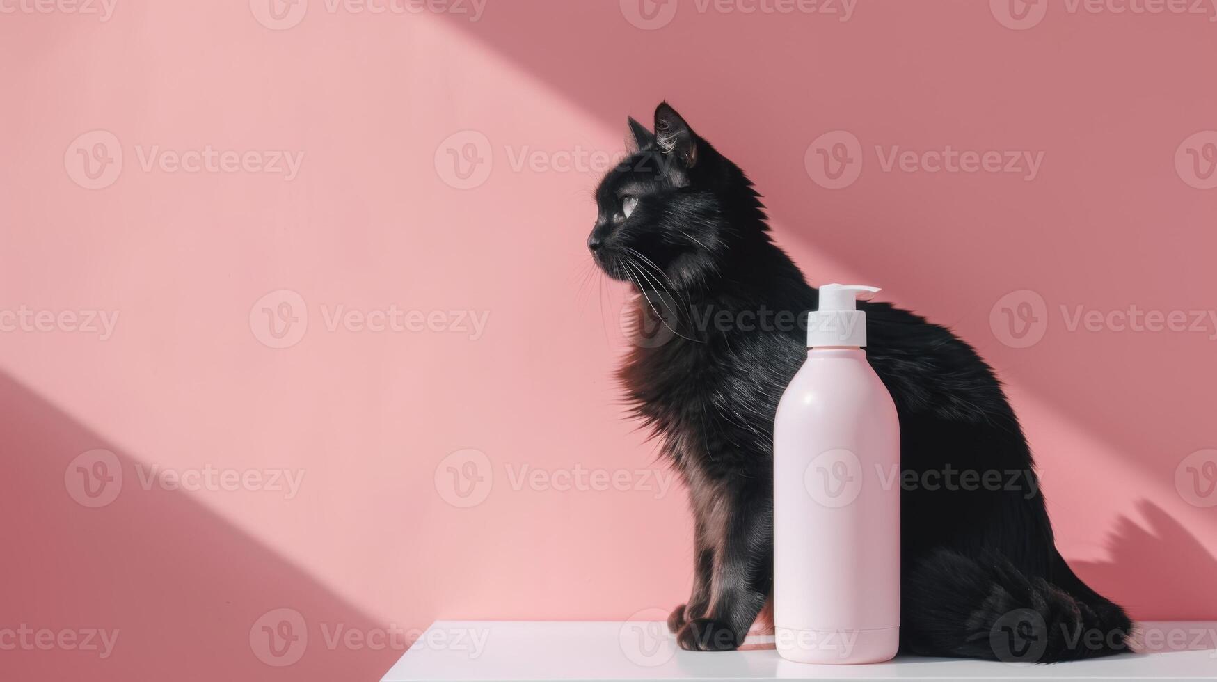 A sleek bottle of cat shampoo is positioned next to a black cat in a softly lit room. The cat appears relaxed, gazing thoughtfully in a sun-drenched space photo