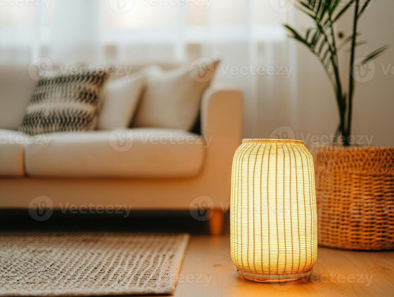A serene living space featuring a cozy sofa, decorative lamp, and natural elements, perfect for creating a warm atmosphere. photo