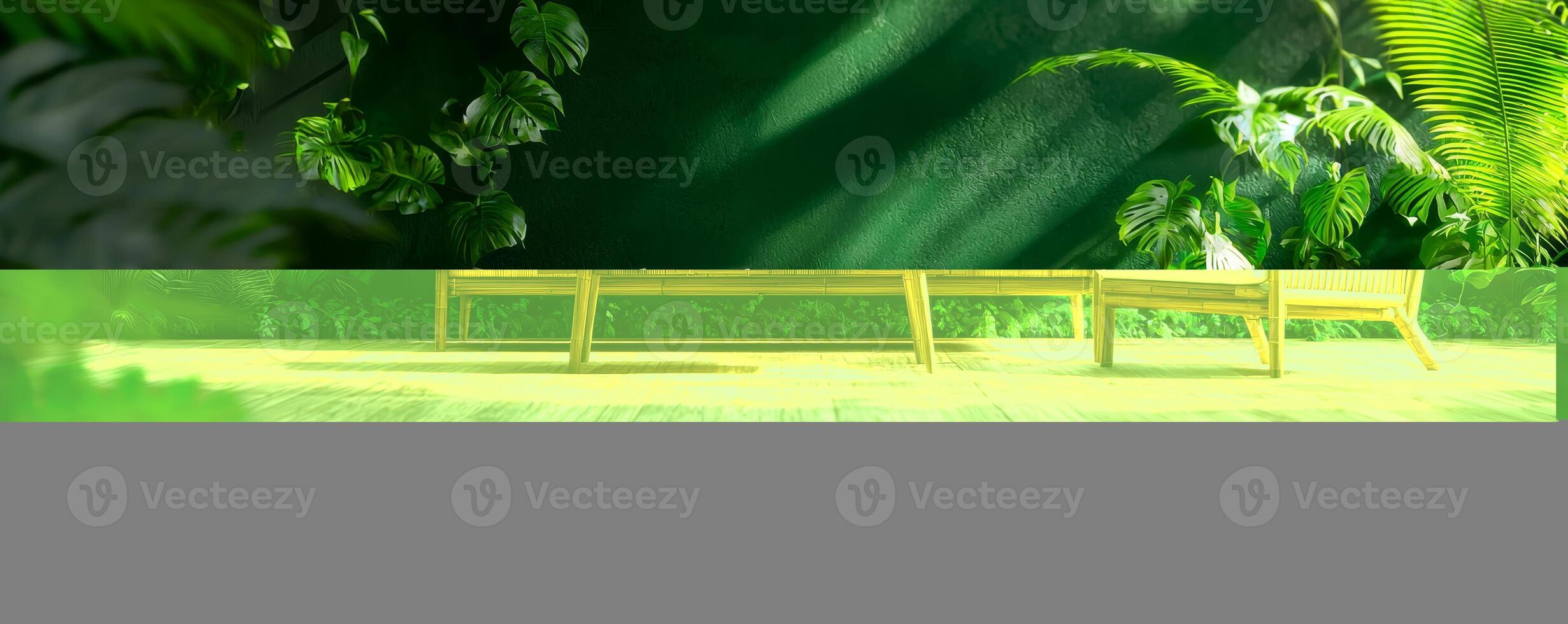 Stylish wooden sofa set with green cushions in a serene tropical setting surrounded by lush plants and natural light. photo