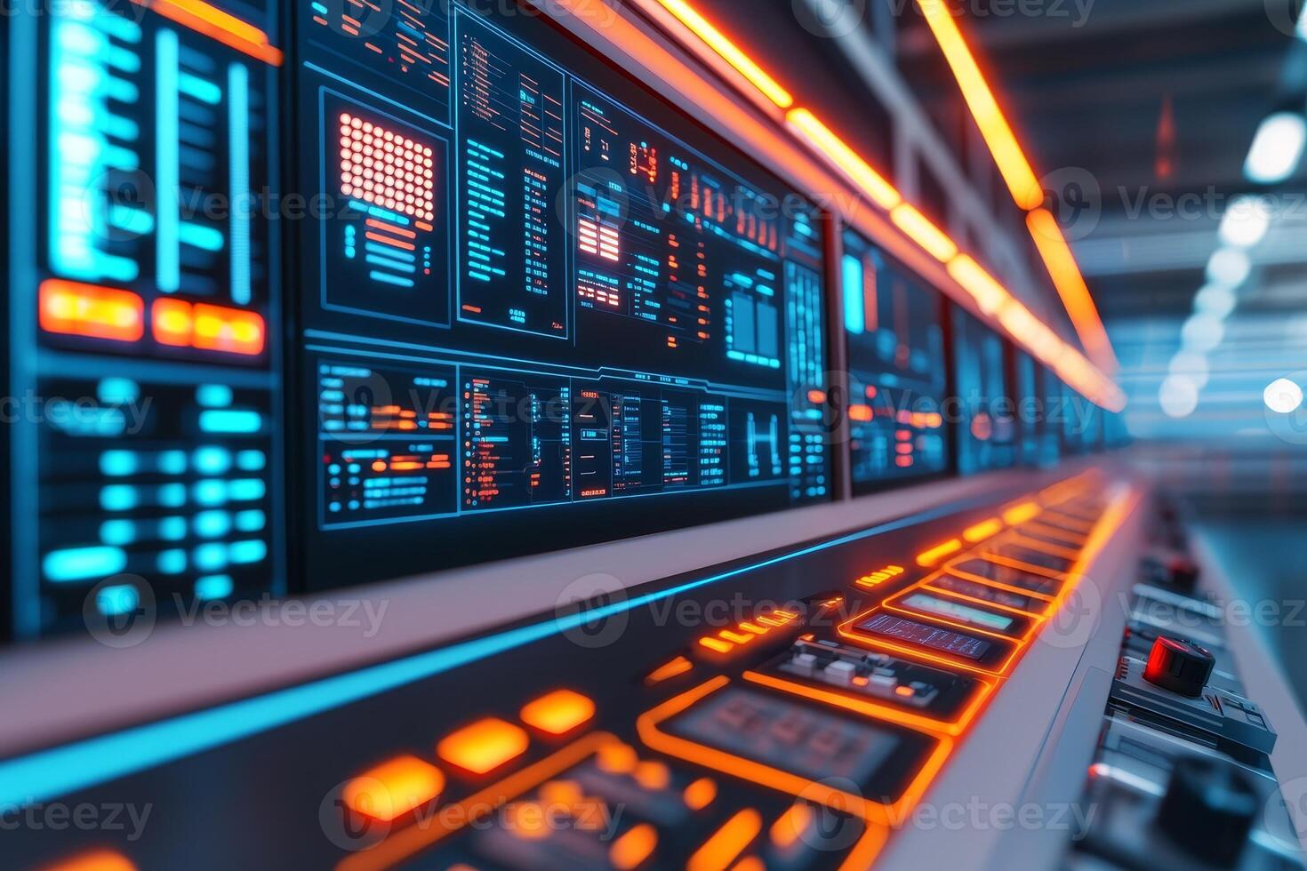 A futuristic control panel with glowing buttons and screens displaying data in vibrant colors, showcasing advanced technology and innovation. photo