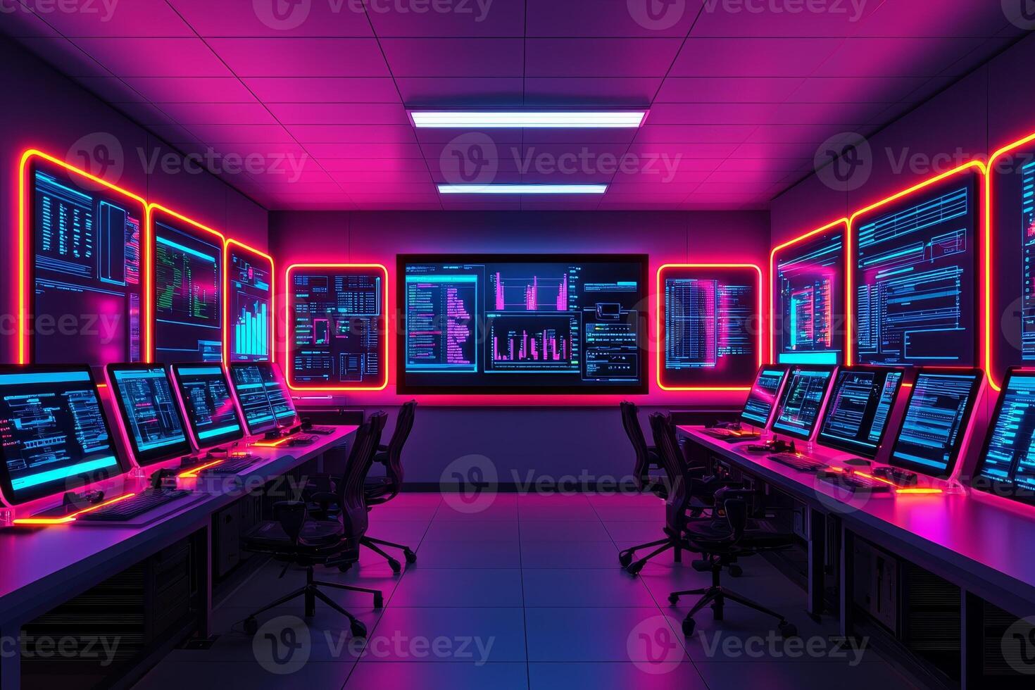 Futuristic control room with multiple monitors, neon lighting, and complex data displays, illustrating advanced technology and data management in a modern workspace. photo