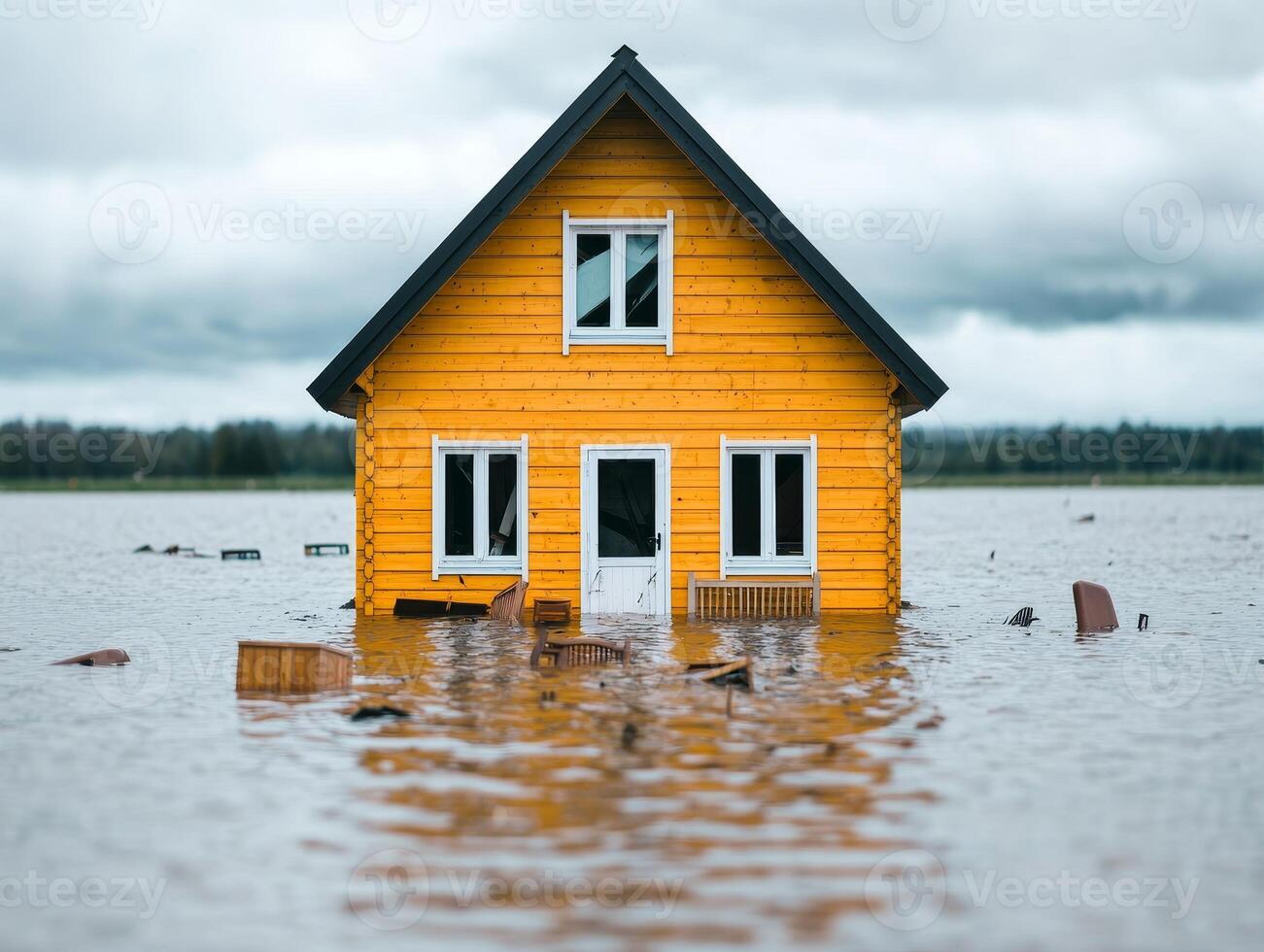 A bright yellow house partially submerged in floodwaters, surrounded by a gloomy sky, illustrating the impact of climate change and natural disasters on communities. photo