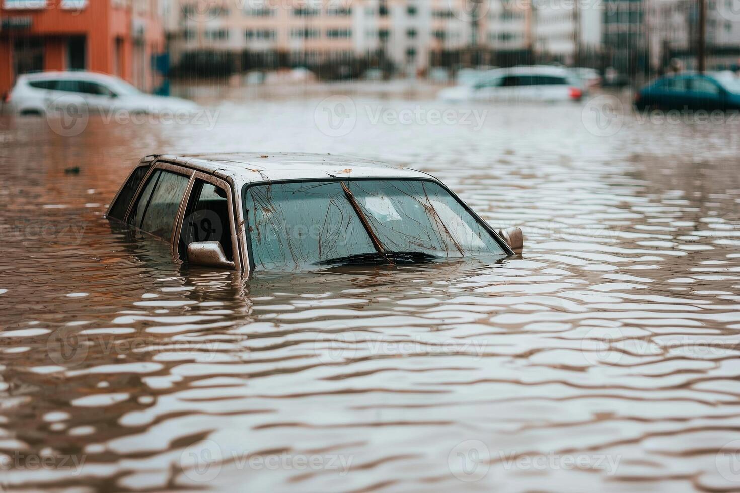 A submerged vehicle in a flood, highlighting the impact of heavy rainfall and urban flooding on communities and infrastructure. photo