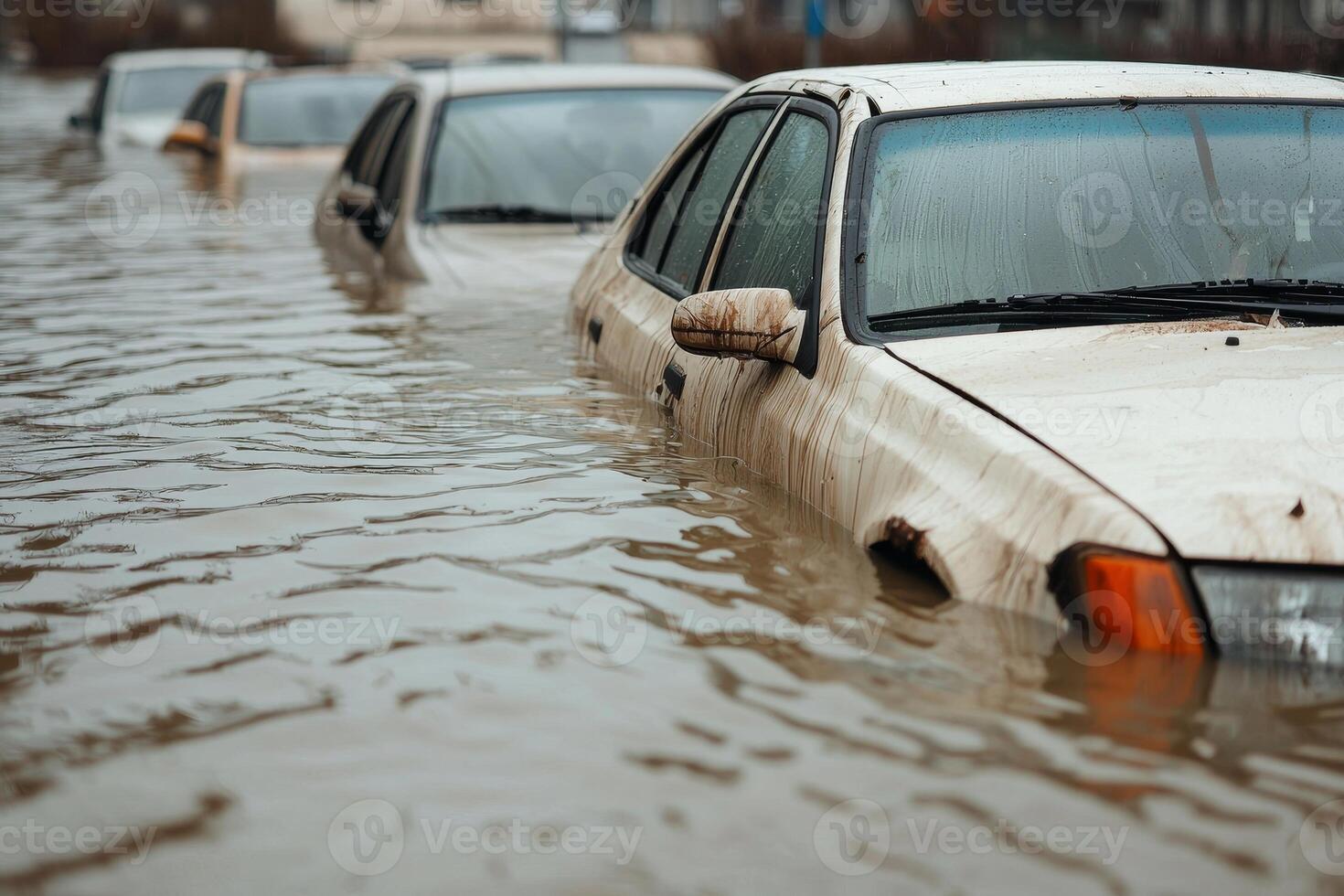 Abandoned cars submerged in floodwaters, showcasing the impact of severe weather events on urban infrastructure. photo
