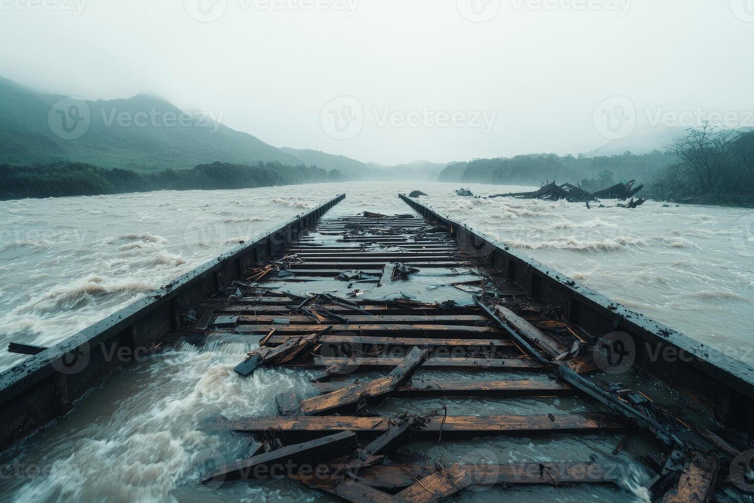 A haunting view of a dilapidated wooden pier submerged in turbulent waters, surrounded by misty hills, evoking a sense of nature's power and the passage of time. photo