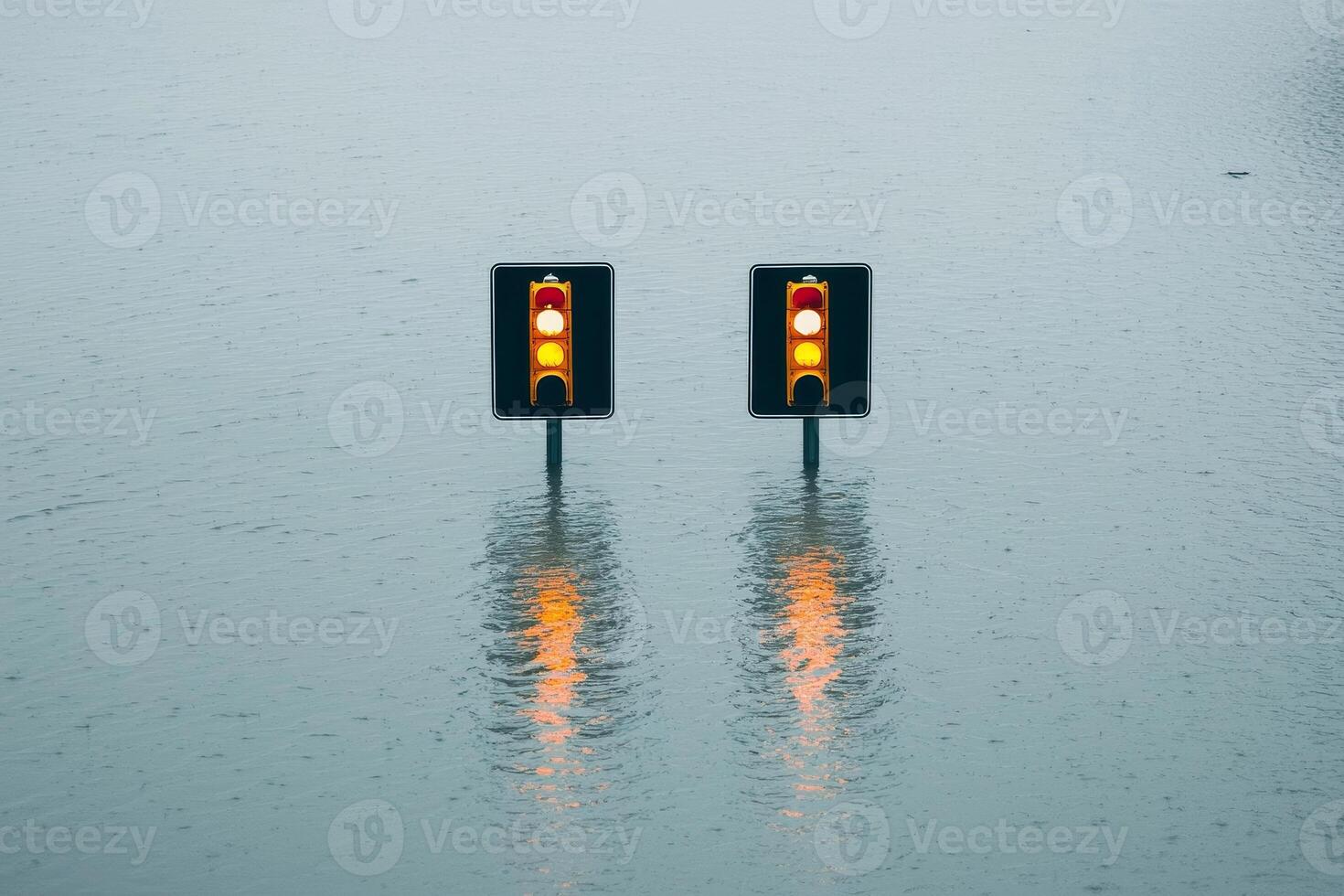 Traffic lights submerged in floodwaters, creating a surreal urban landscape. The reflection in the water enhances the impact of the scene, highlighting transportation challenges. photo