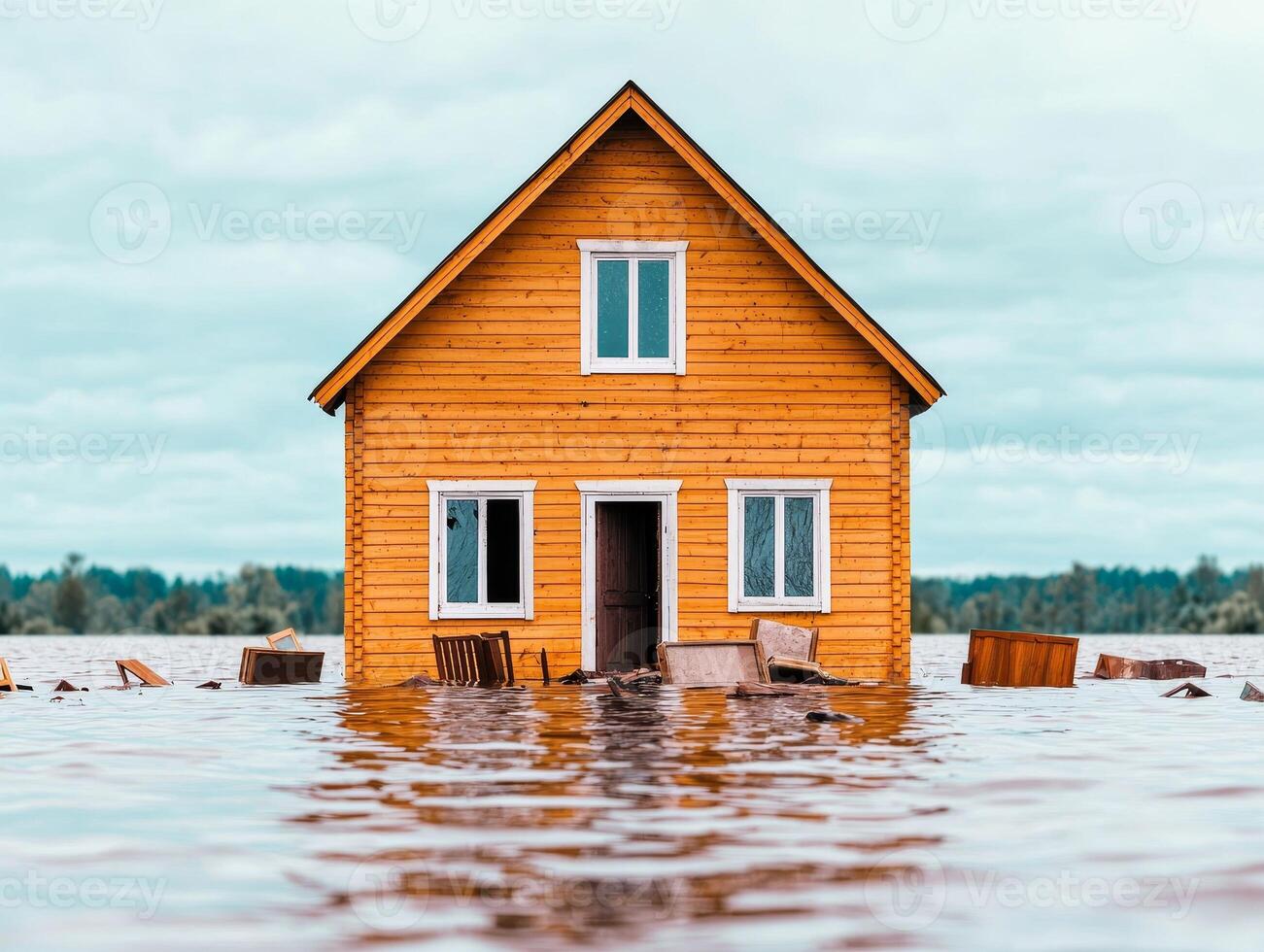 A wooden house partially submerged in flood water, surrounded by debris photo