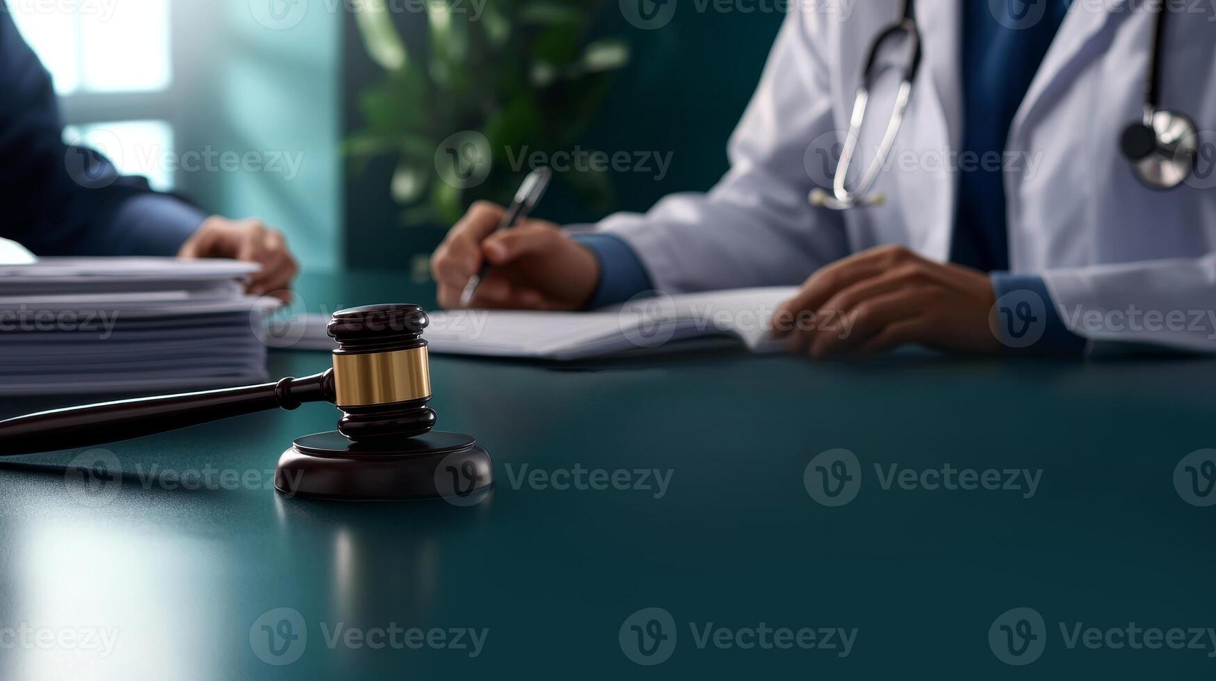 A close-up view of a gavel on a table, with a medical professional writing notes in the background, symbolizing the intersection of law and healthcare. photo