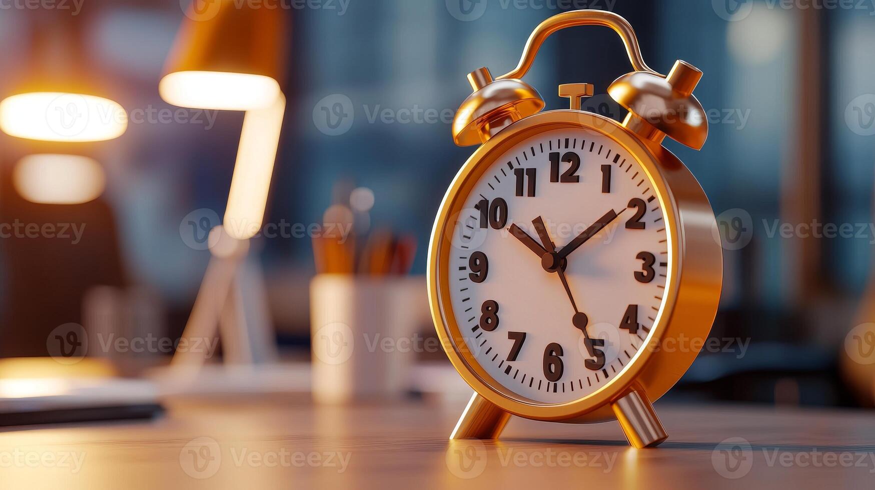 A vintage alarm clock on a desk, symbolizing time management and productivity in a modern workspace. photo