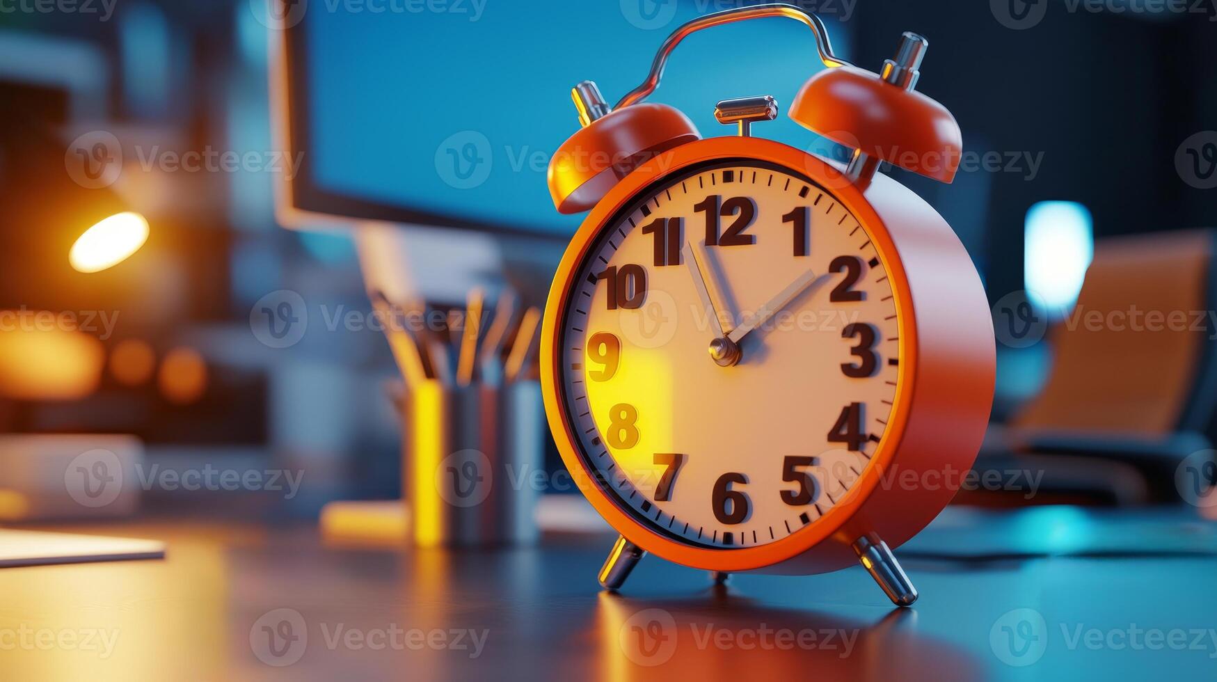 A classic alarm clock on a desk, symbolizing time management and productivity in a modern workspace. photo