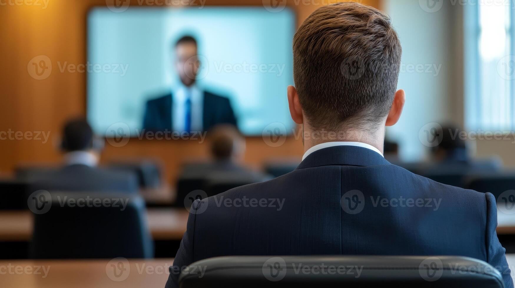 Professional meeting with participants attending virtual conference on large screen. photo
