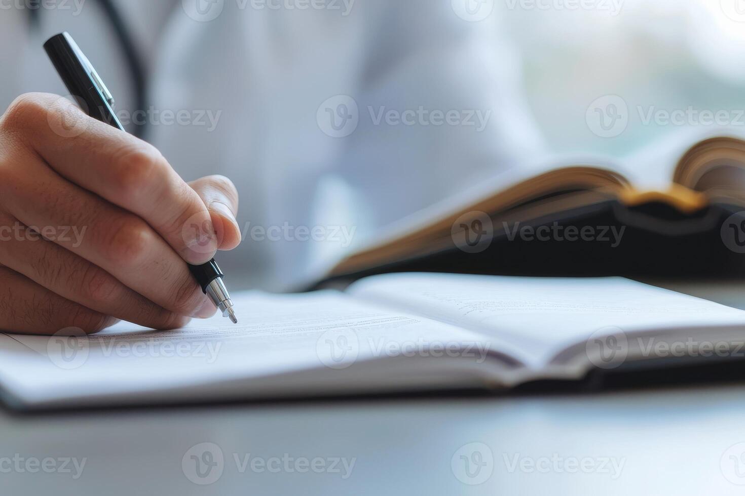 Hand writing in a notebook with a pen, close-up on a professional setup. photo