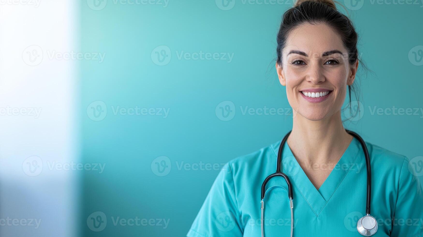 Smiling healthcare professional in teal scrubs with stethoscope against a soft background. photo