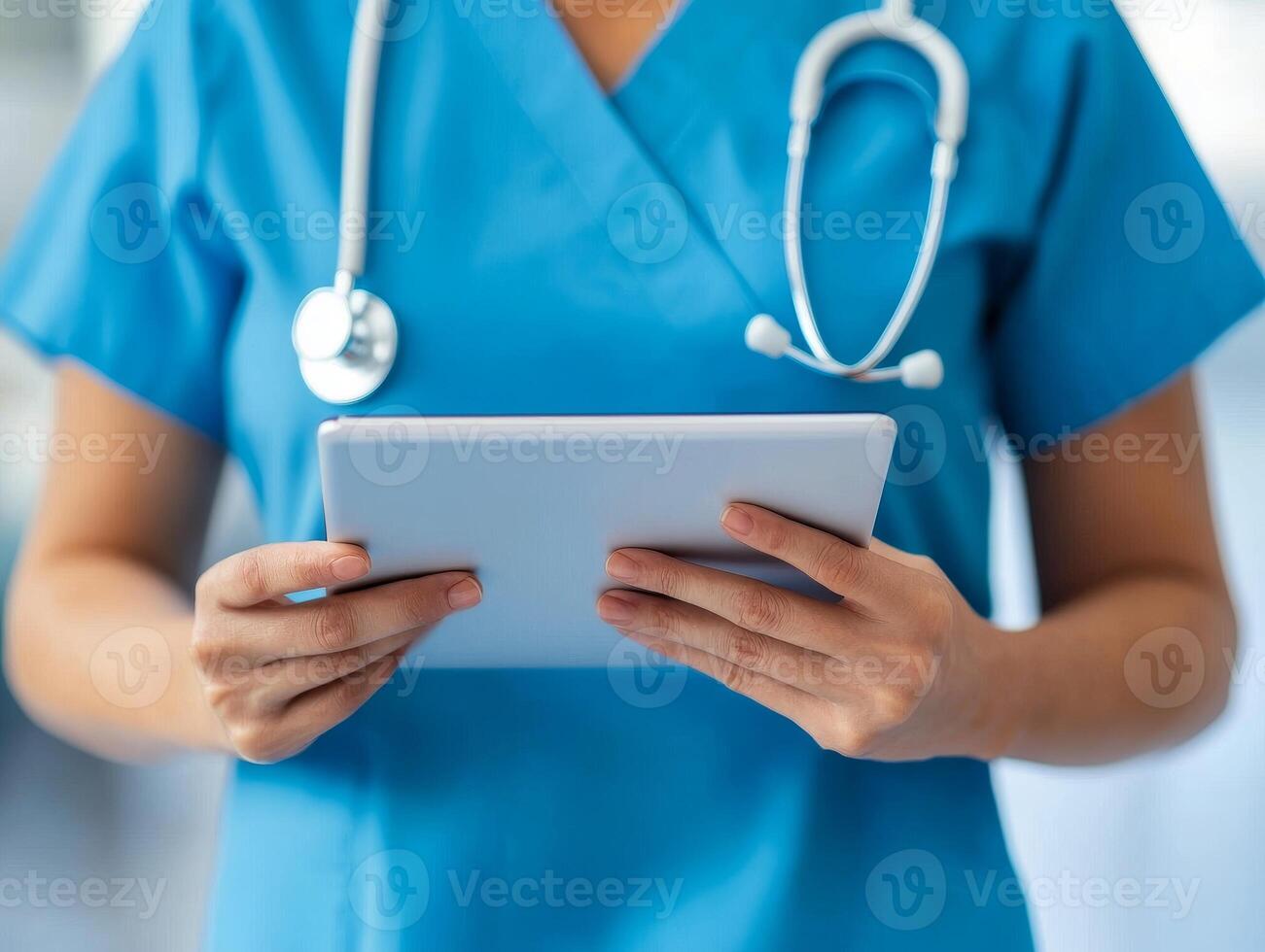 Healthcare professional using tablet in medical setting, wearing blue scrubs with a stethoscope. photo