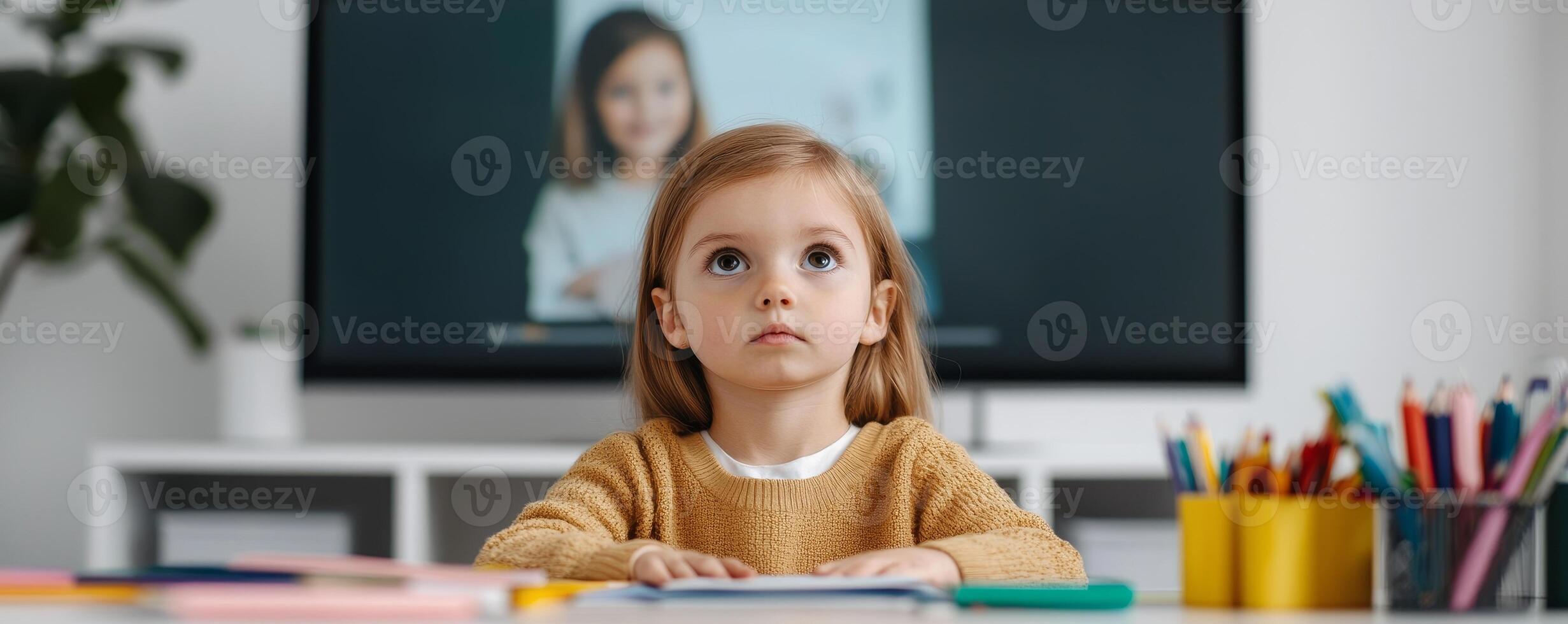 A young girl sits attentively at a desk, engaged in a virtual learning session, with colorful stationery around her. photo