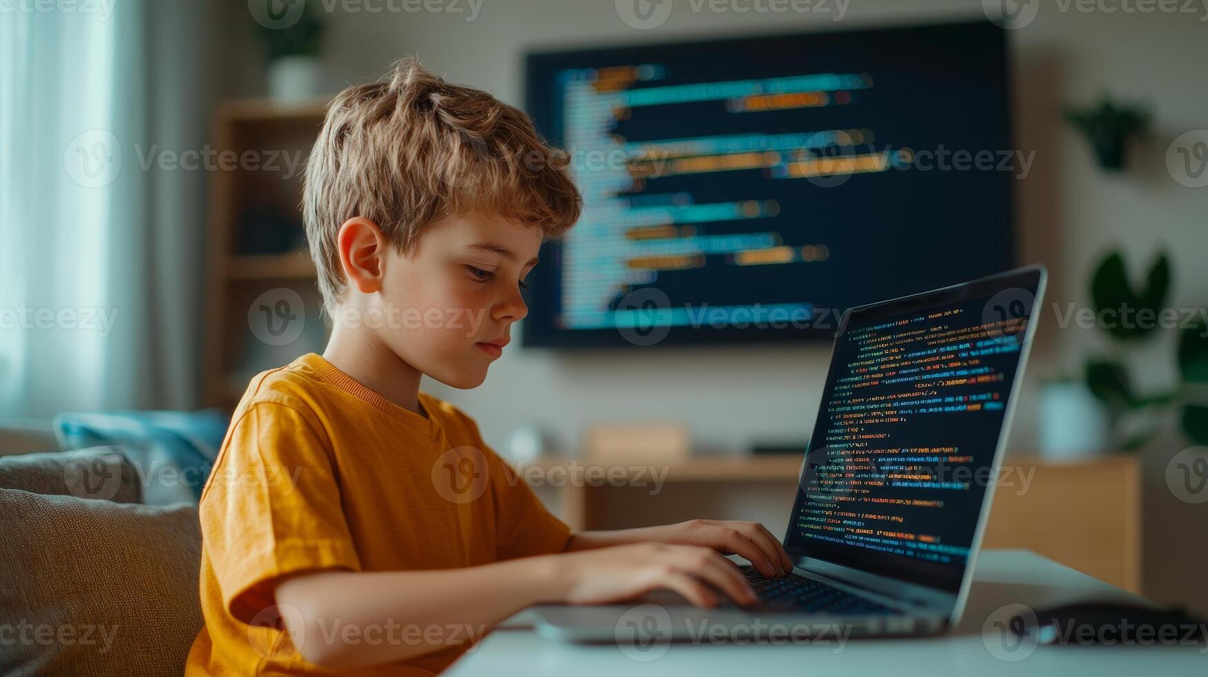 Young boy coding on a laptop at home, focused expression, modern workspace, coding screen in the background. photo