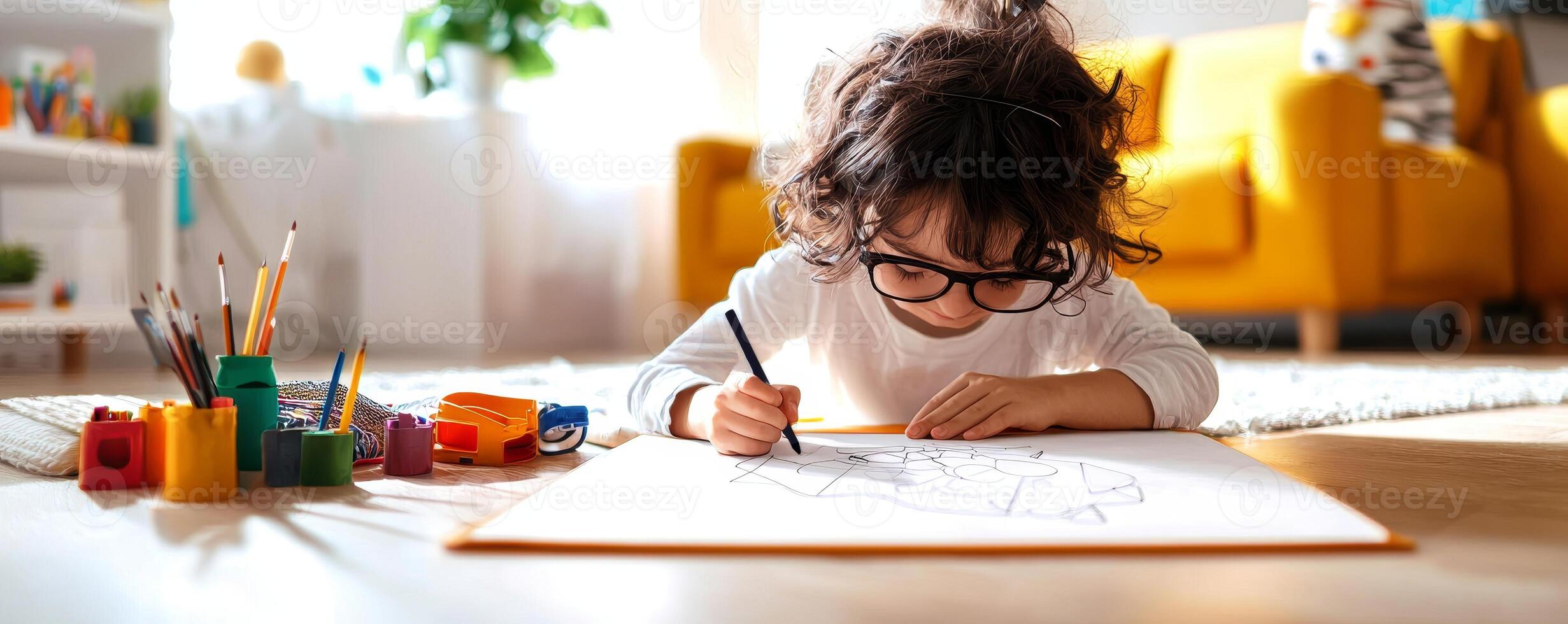 Child engaged in creative activity, drawing on paper in a cozy living room. photo