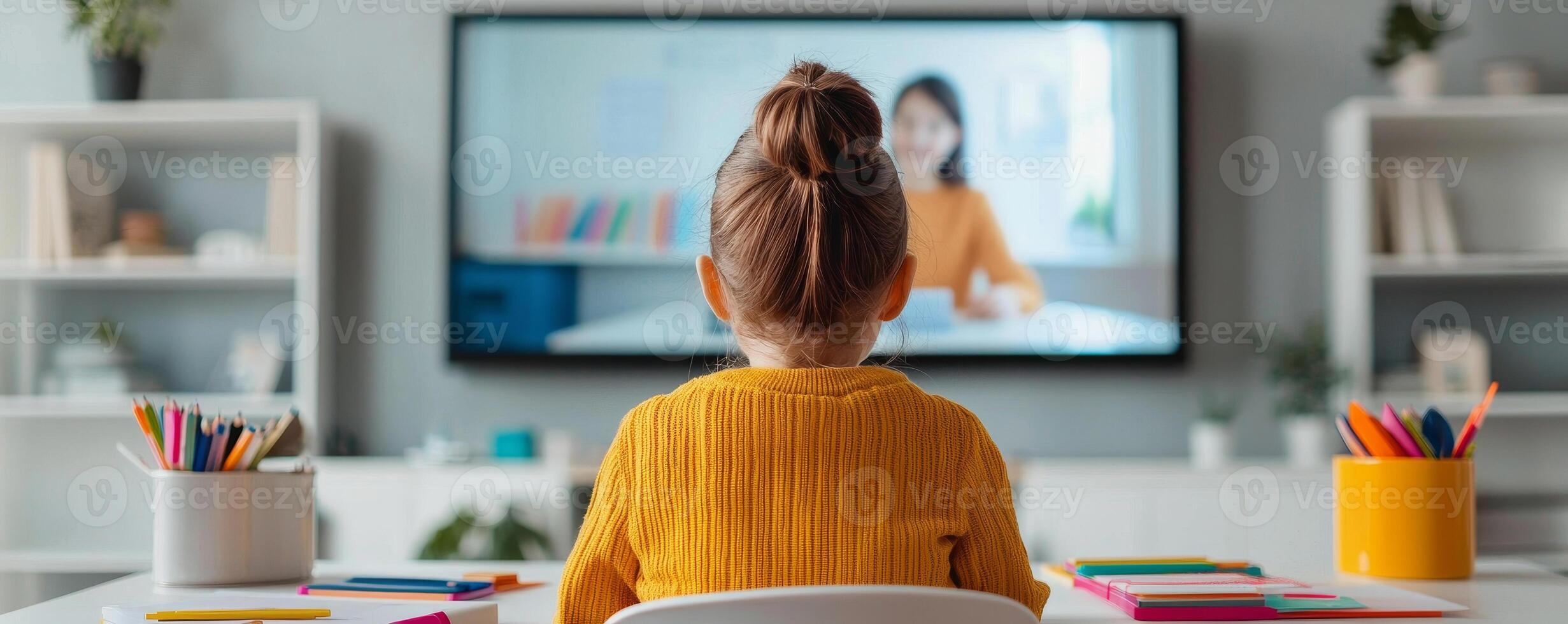 Child attending an online class, focused on the screen, surrounded by colorful stationery. photo