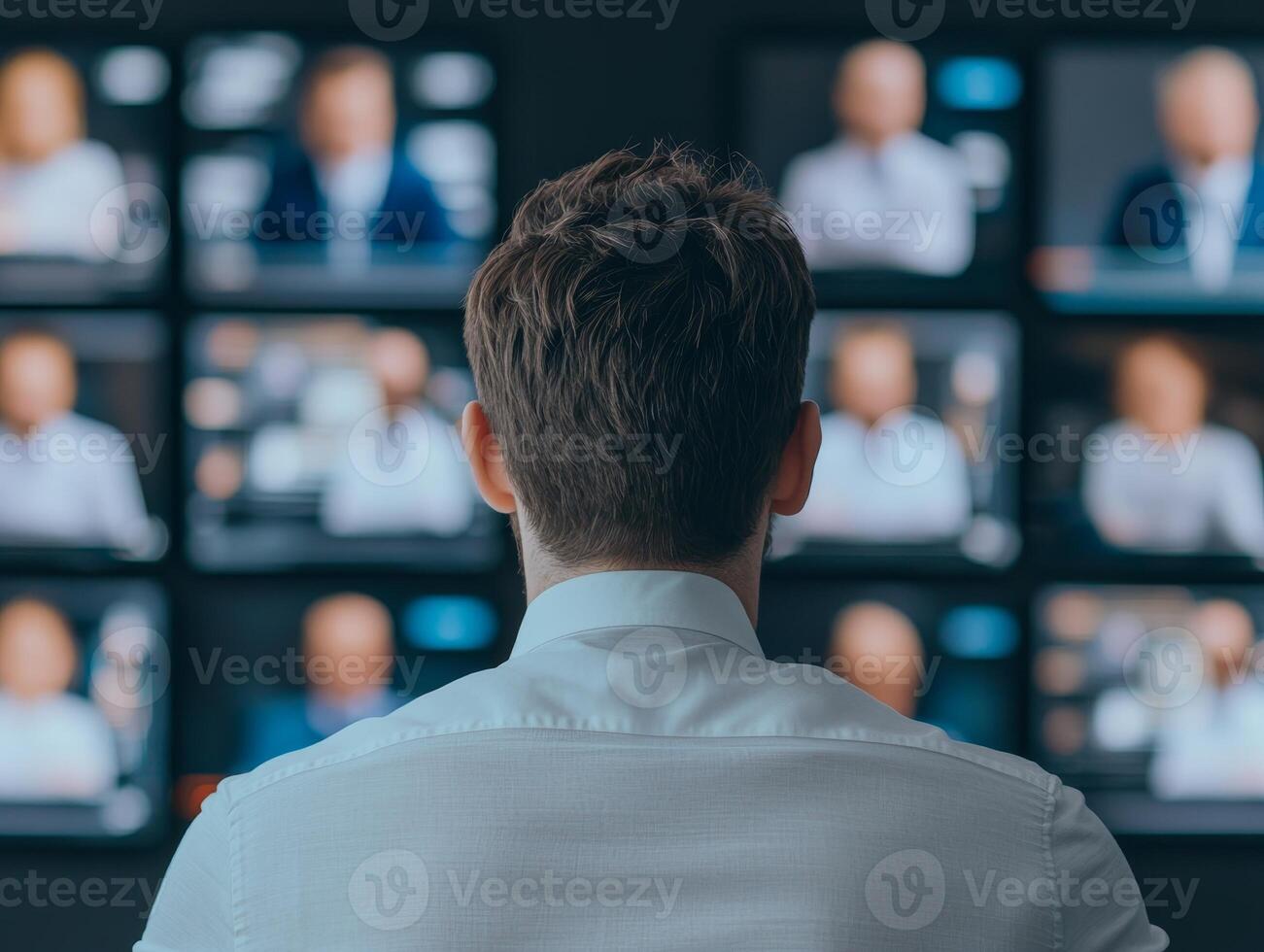 Person watching multiple screens displaying news and reports in a modern office environment. photo