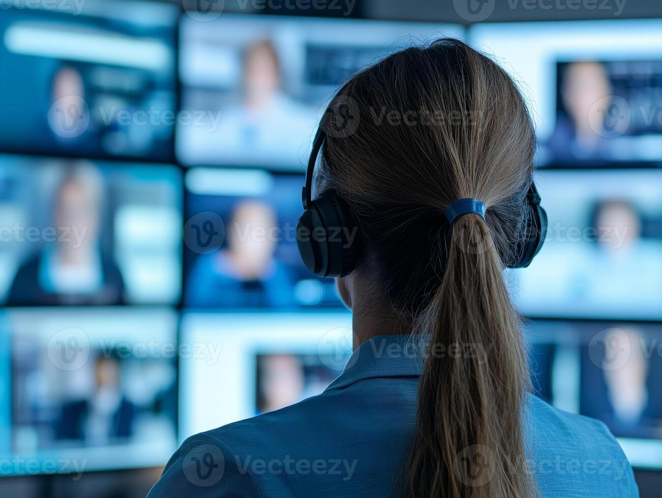 Professional woman in headset engaged in a virtual meeting with multiple screens displaying calls. photo