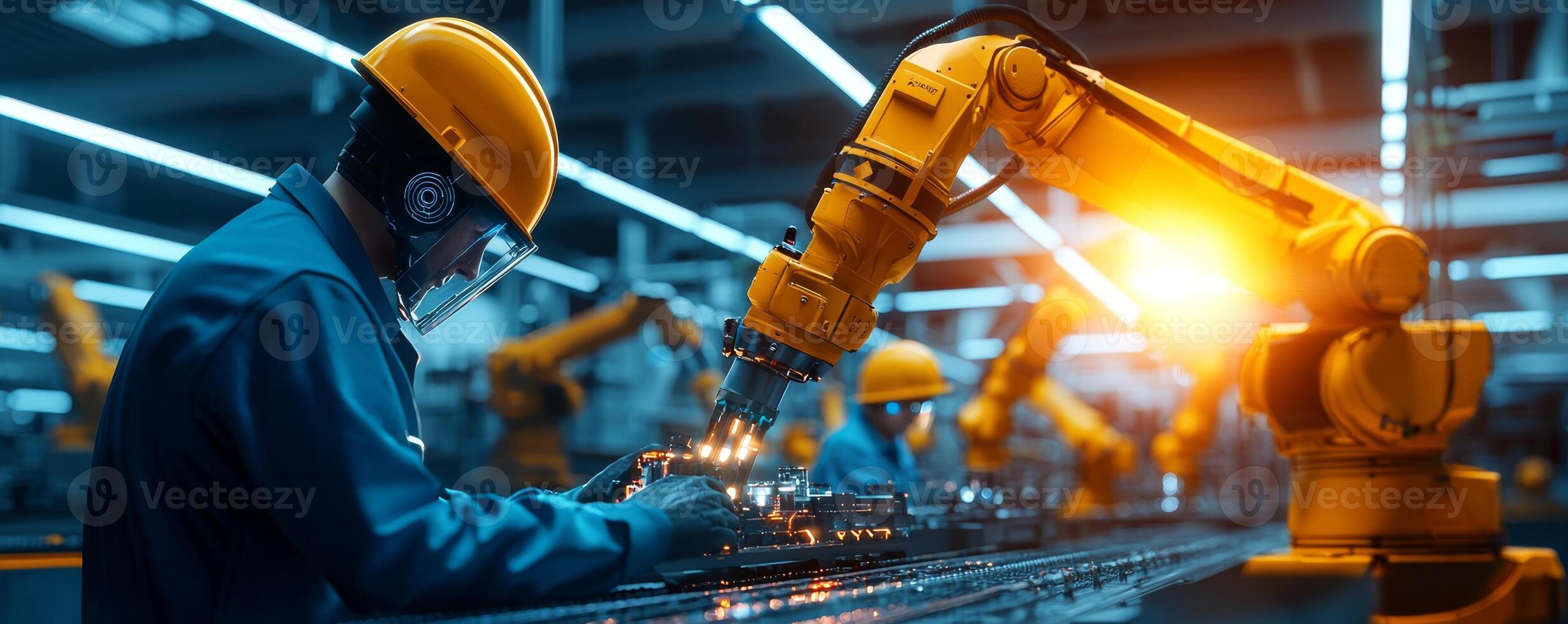 Worker operating robotic arm in modern manufacturing facility. photo