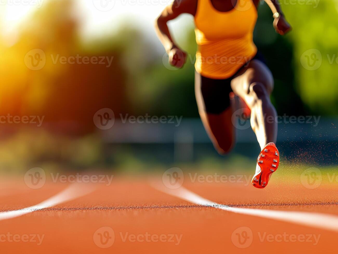 Athlete sprinting on track, dynamic motion with focus and determination. photo