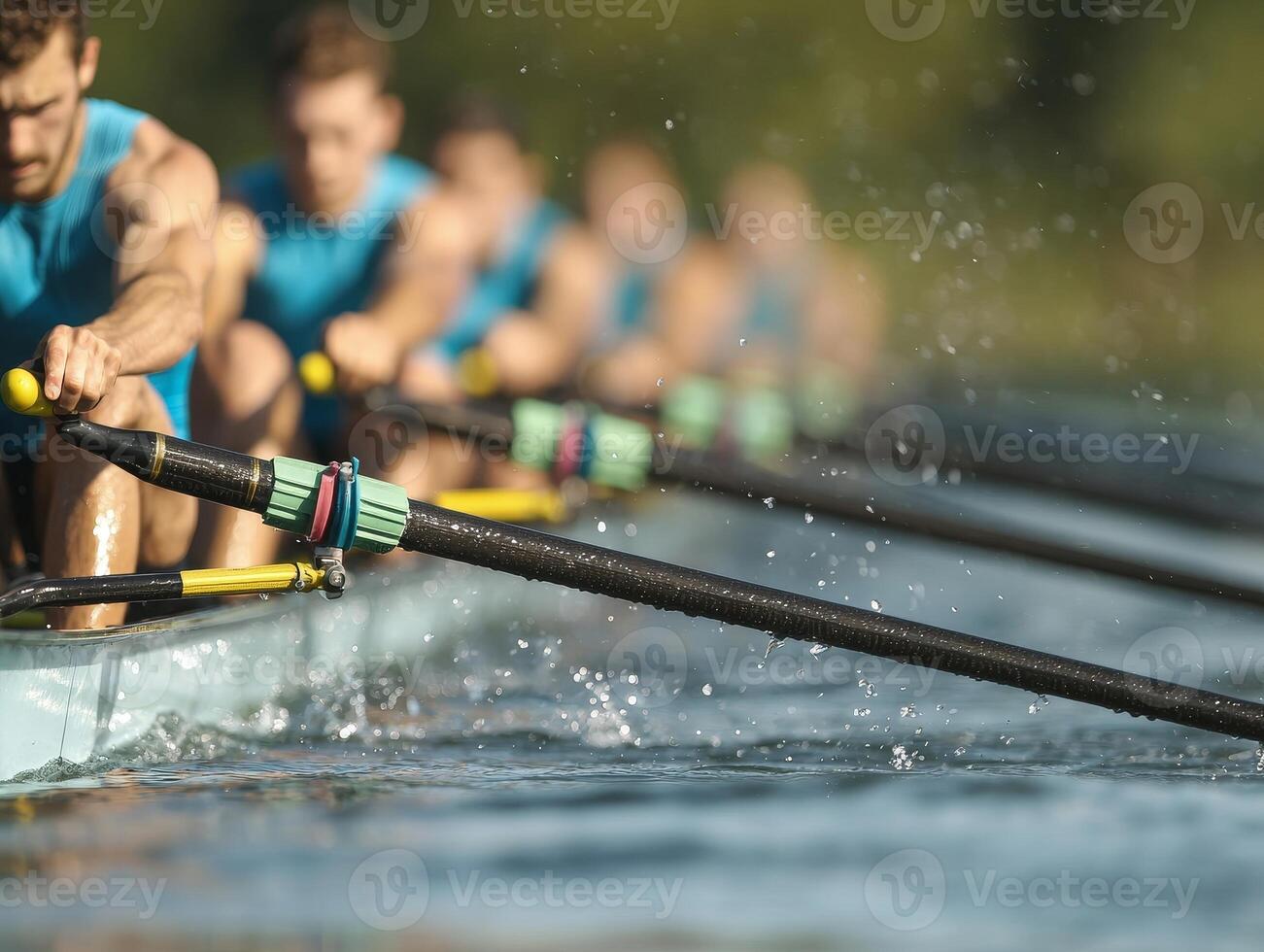 Rowers competing in a team race, dynamic action on the water, splashing droplets. photo