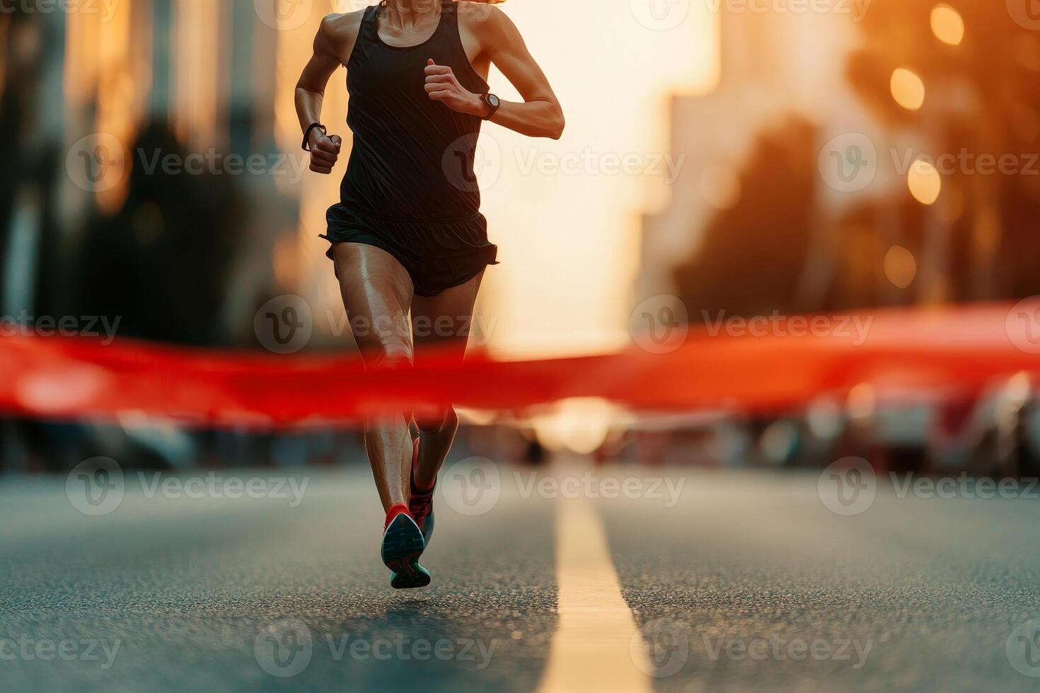 Athletic woman running towards finish line during sunset on urban street. photo