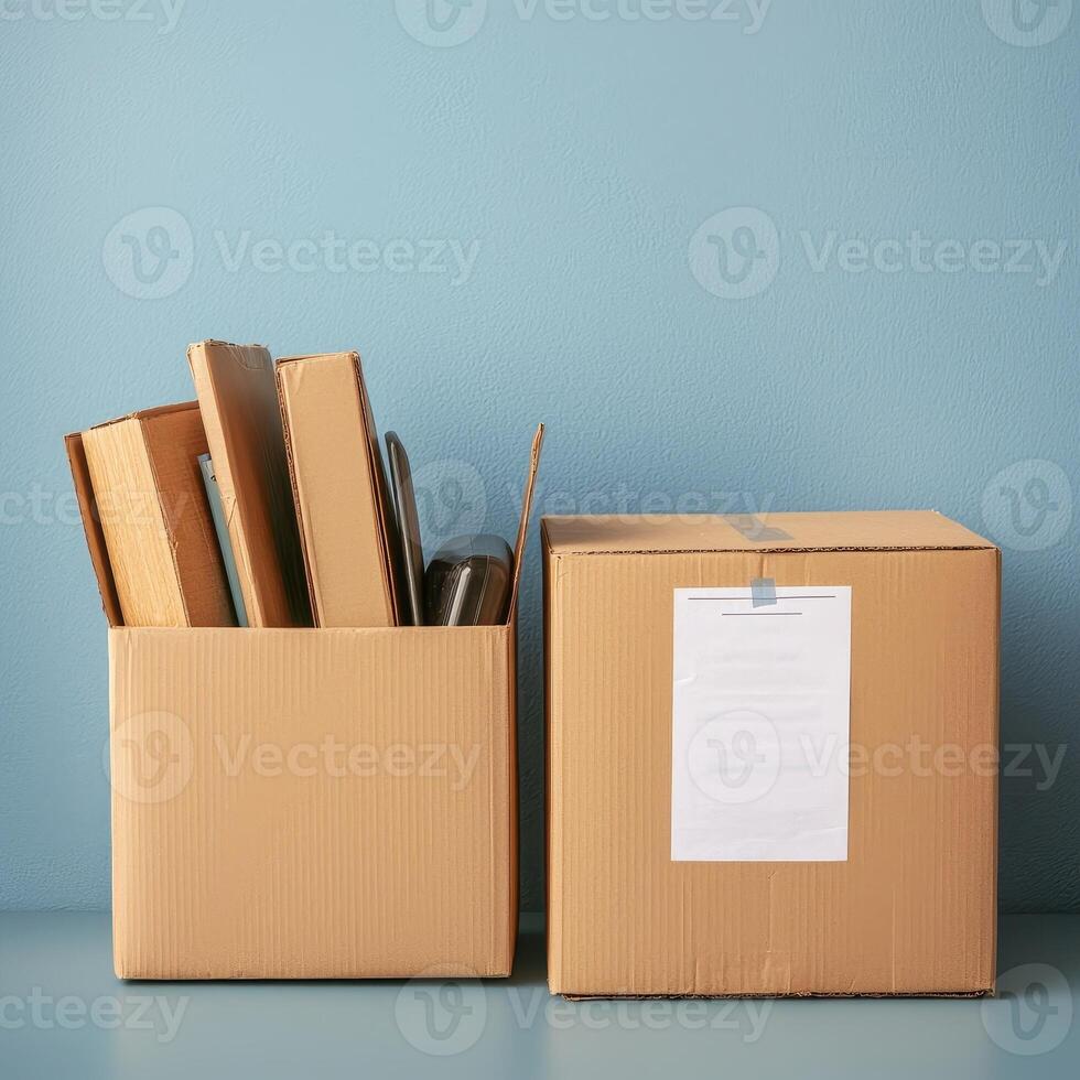 Boxes filled with various items against a soft blue background. photo