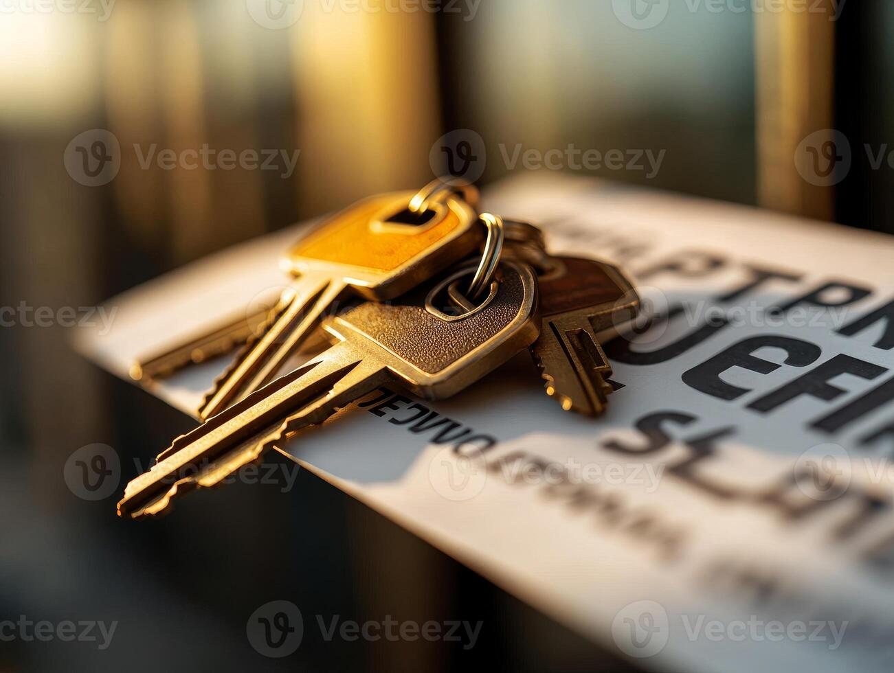 Close-up of golden keys on a card, isolated against a blurred background. photo