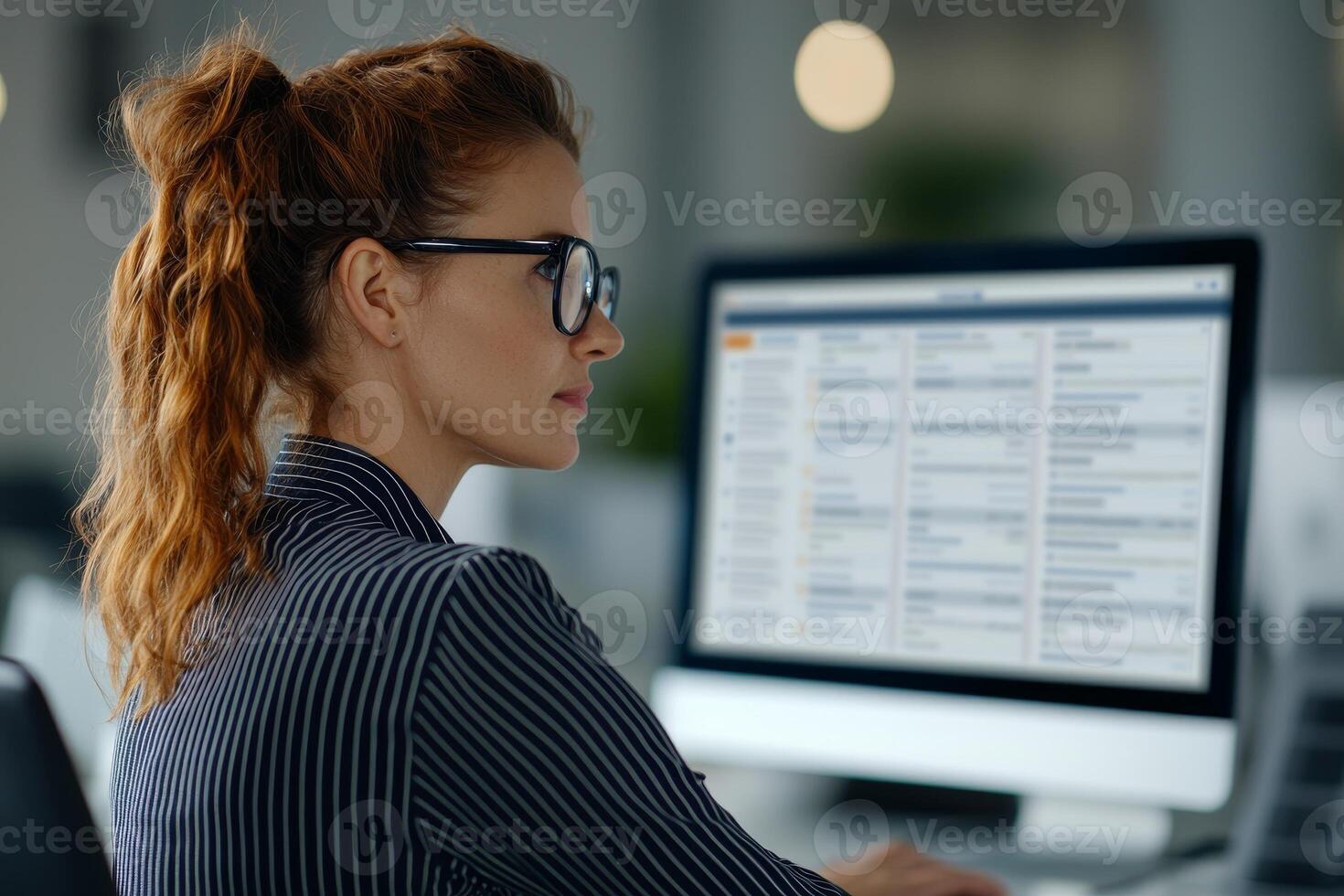 Focused woman working on a computer in a modern office environment. photo