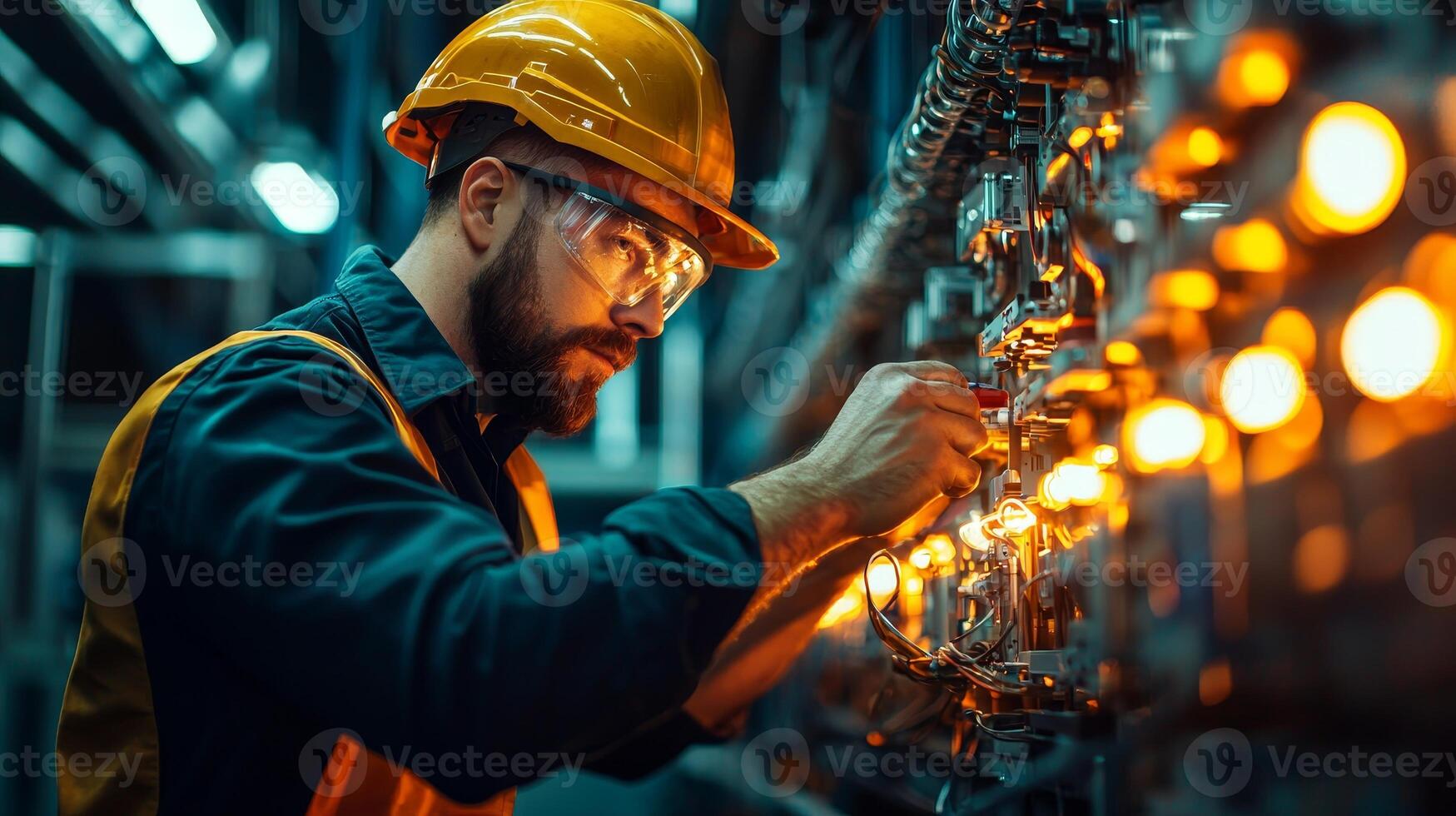 Electrician working on machinery in a factory with orange lights. photo