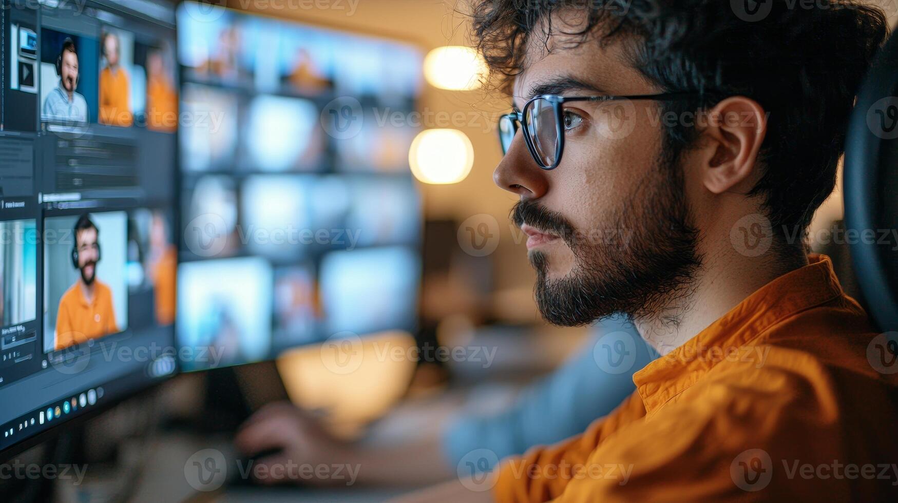 Focused young man editing content on multiple screens in a modern workspace. photo