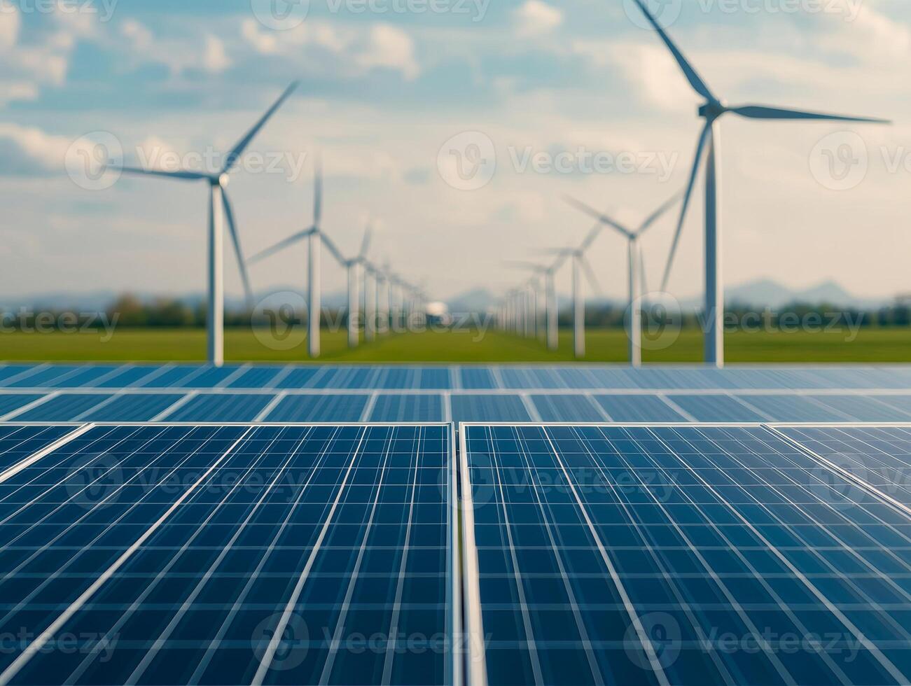Solar panels with wind turbines in the background on a sunny day. photo