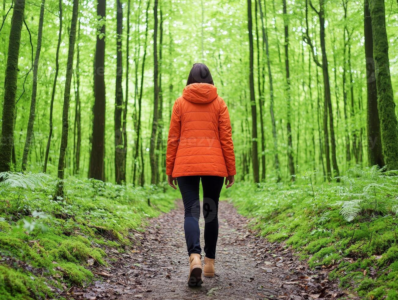 Person walking on a forest path surrounded by lush green trees. photo