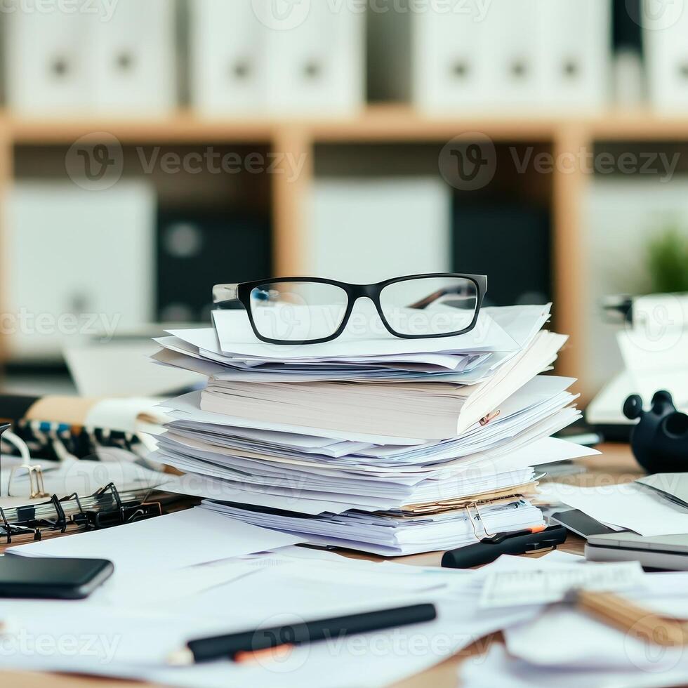 Messy desk with glasses, papers, and office supplies in a cluttered workspace. photo