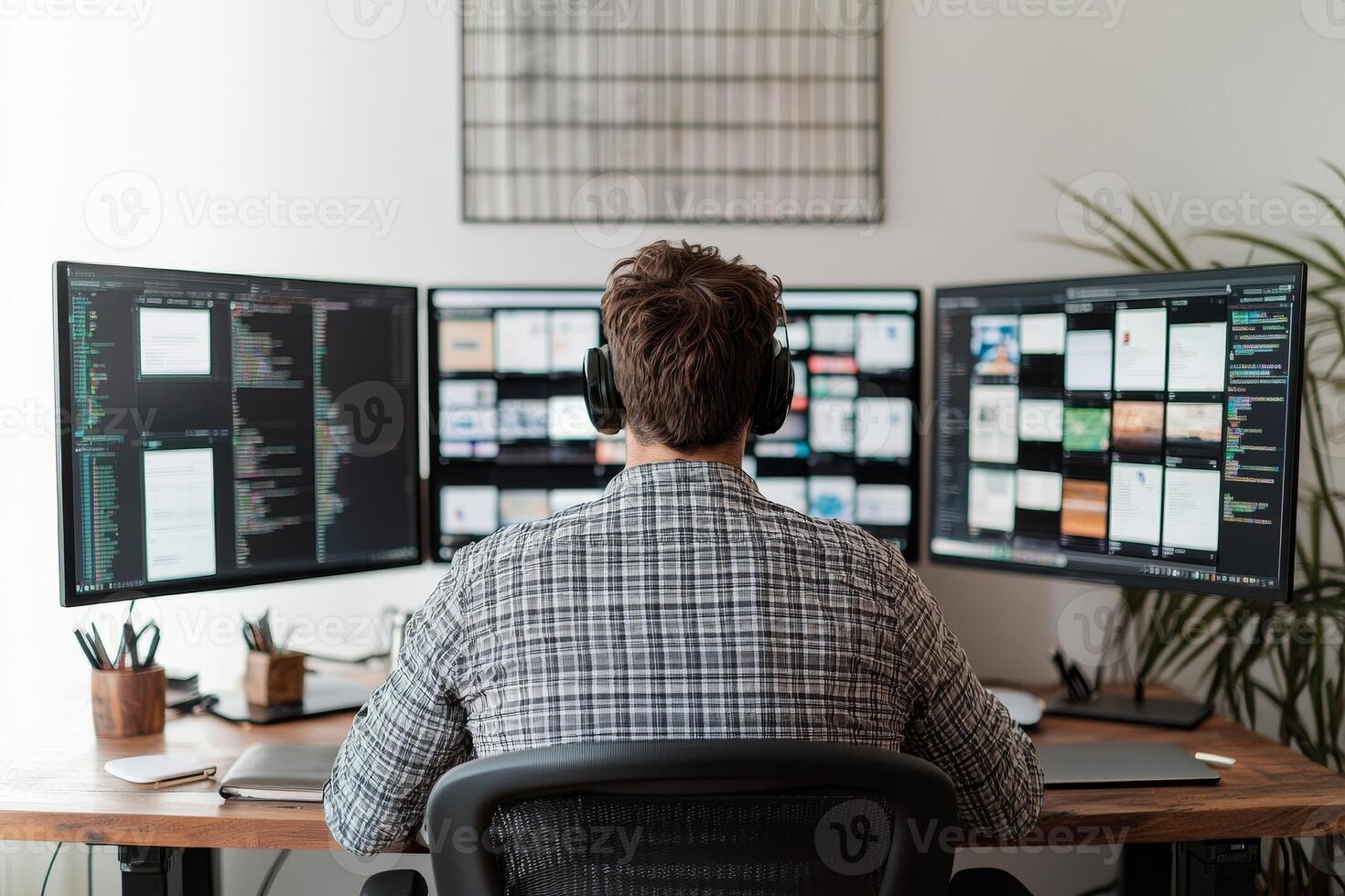 Person working with multiple monitors in a modern office setting. photo