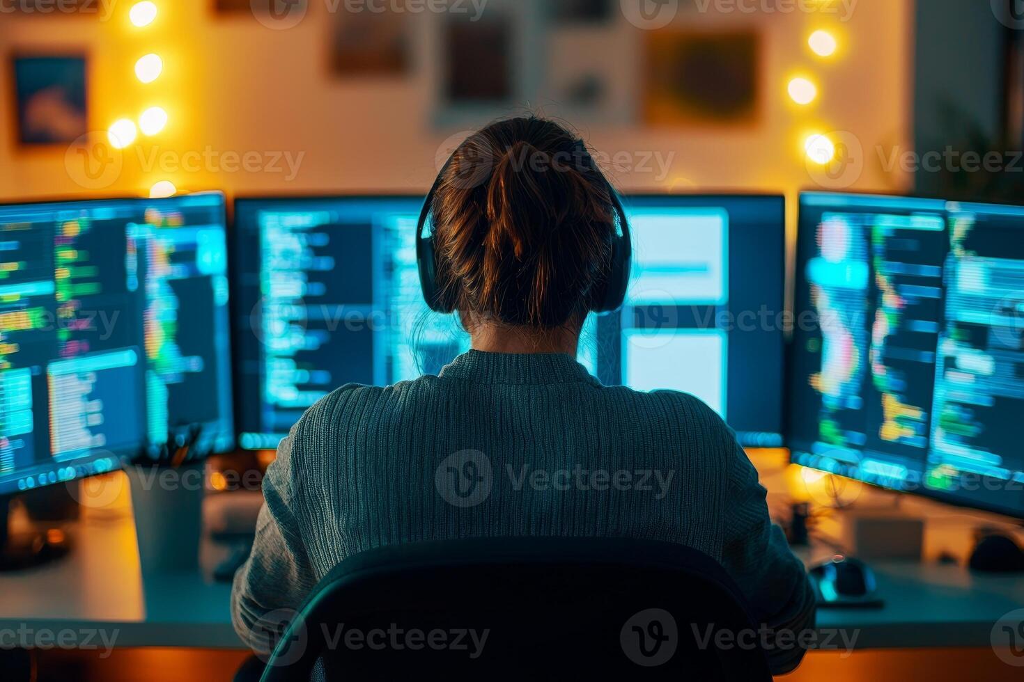 Person working at a computer desk with multiple screens and headphones. photo