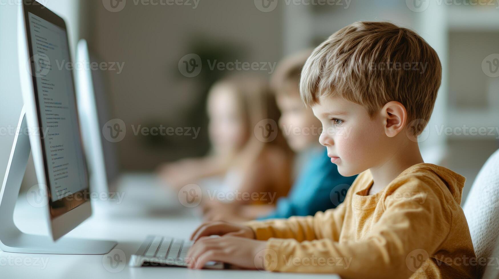 Child engaged in computer activity at home with focus and concentration. photo