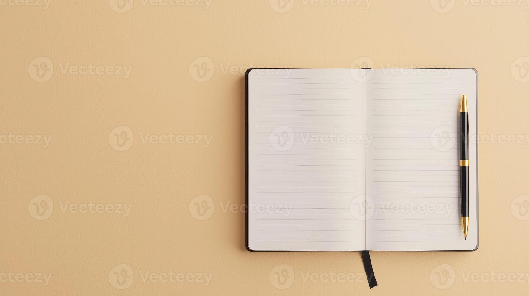 Open notebook with blank pages and a pen, flat lay on a beige background. photo