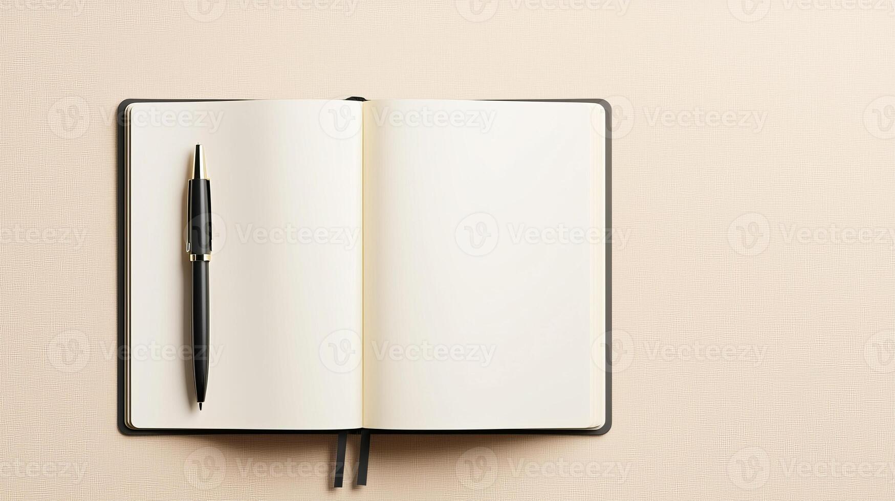Open blank notebook with pen on minimalist background. photo