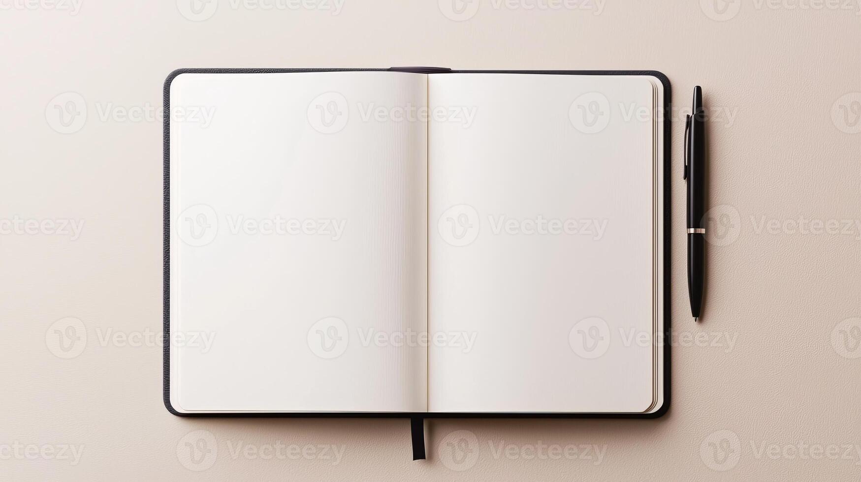 Open notebook with blank pages and pen on a light background photo