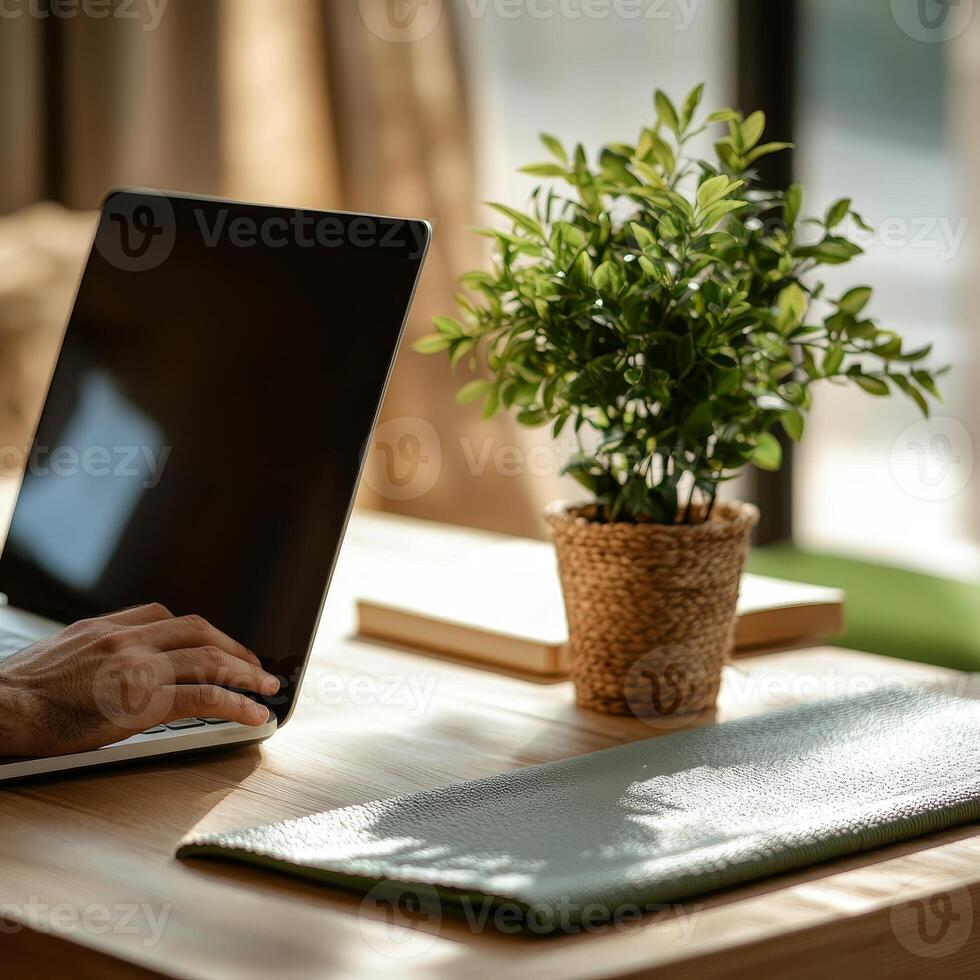 A person working on a laptop with a small potted plant on a wooden desk. photo